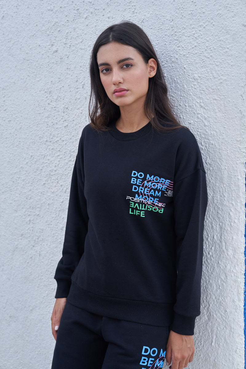 Women Fleece Black Printed Full Sleeve Sweat Shirt T-shirt