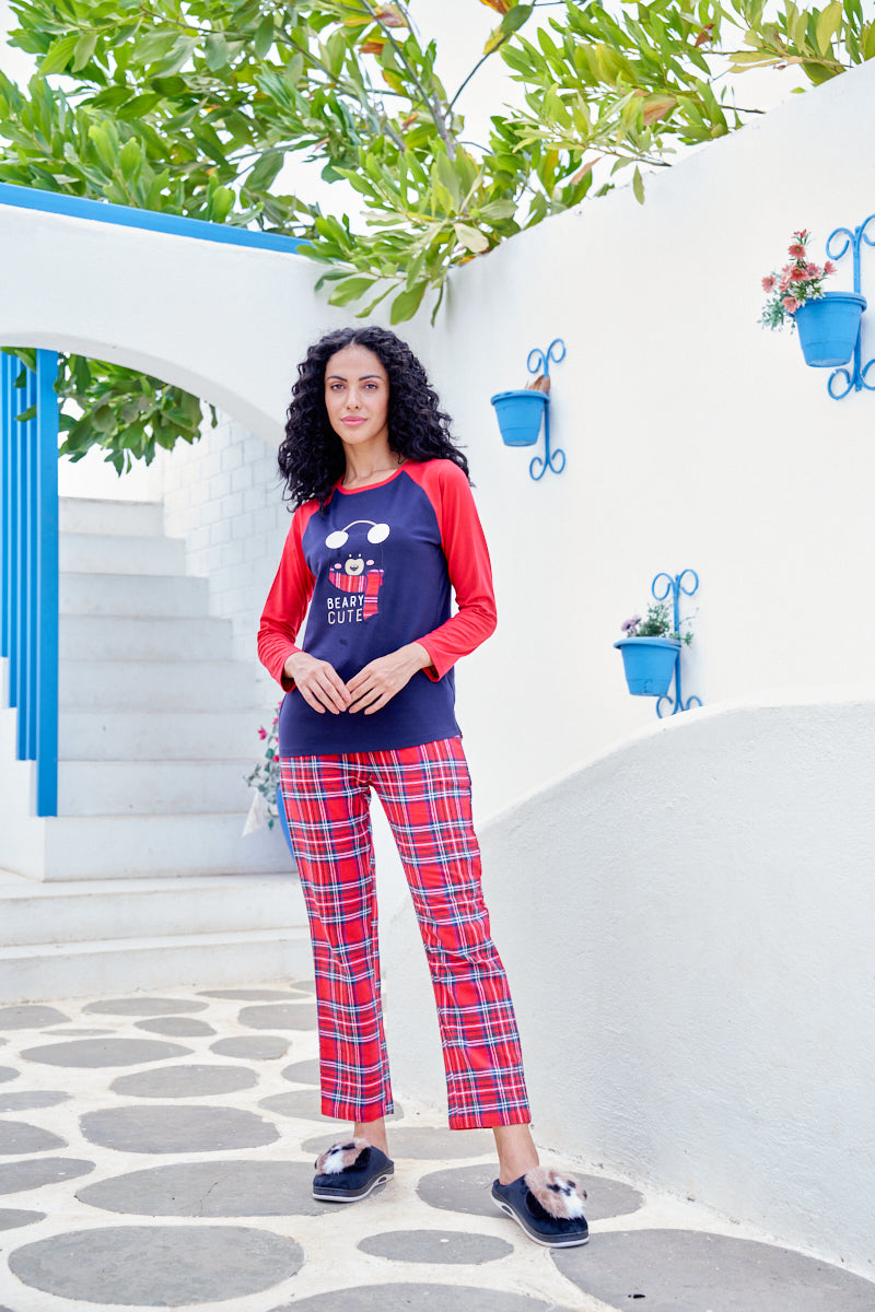 Women 100% Cotton Navy Blue Printed Full Sleeve T-Shirt With Pyjama