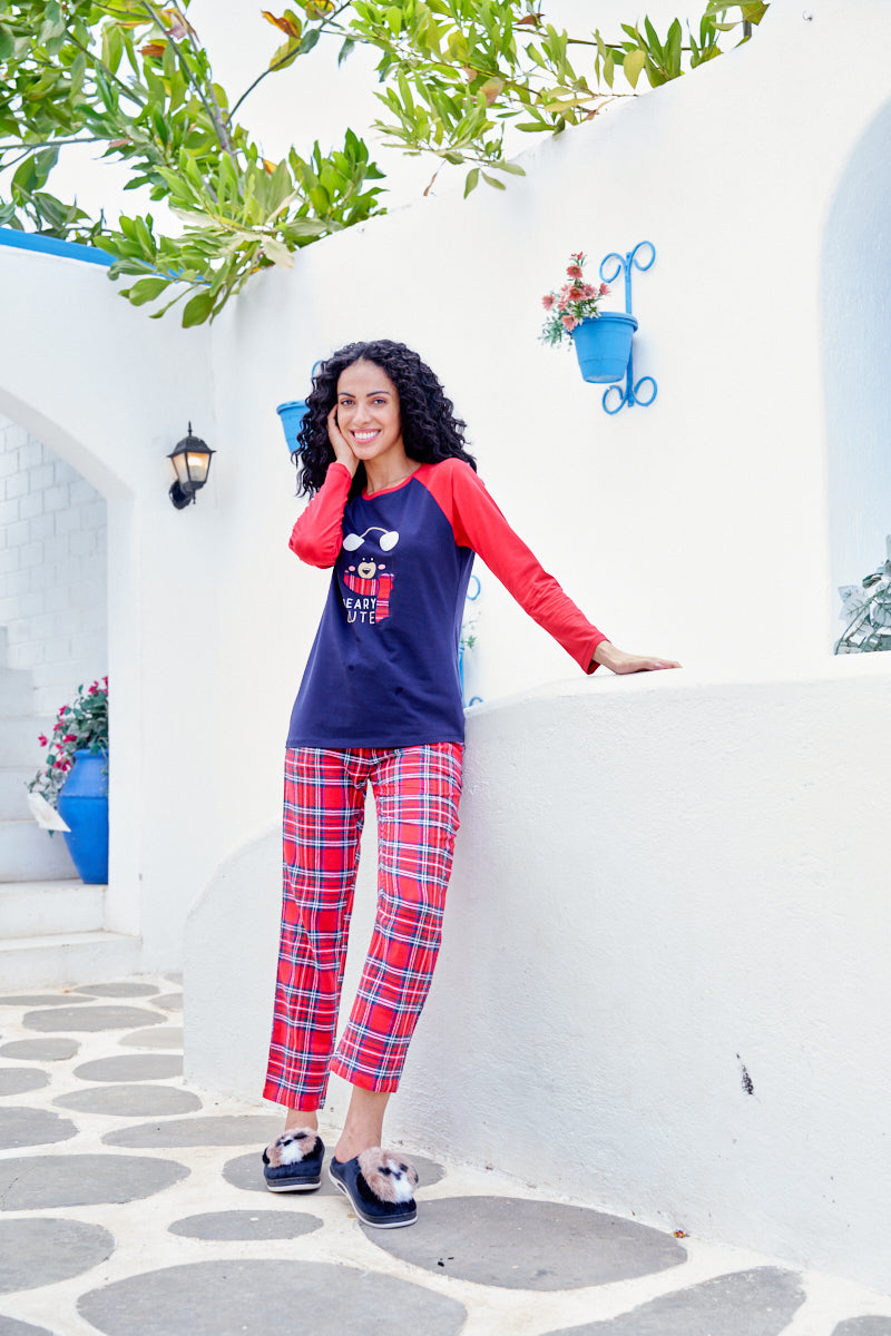 Women 100% Cotton Navy Blue Printed Full Sleeve T-Shirt With Pyjama