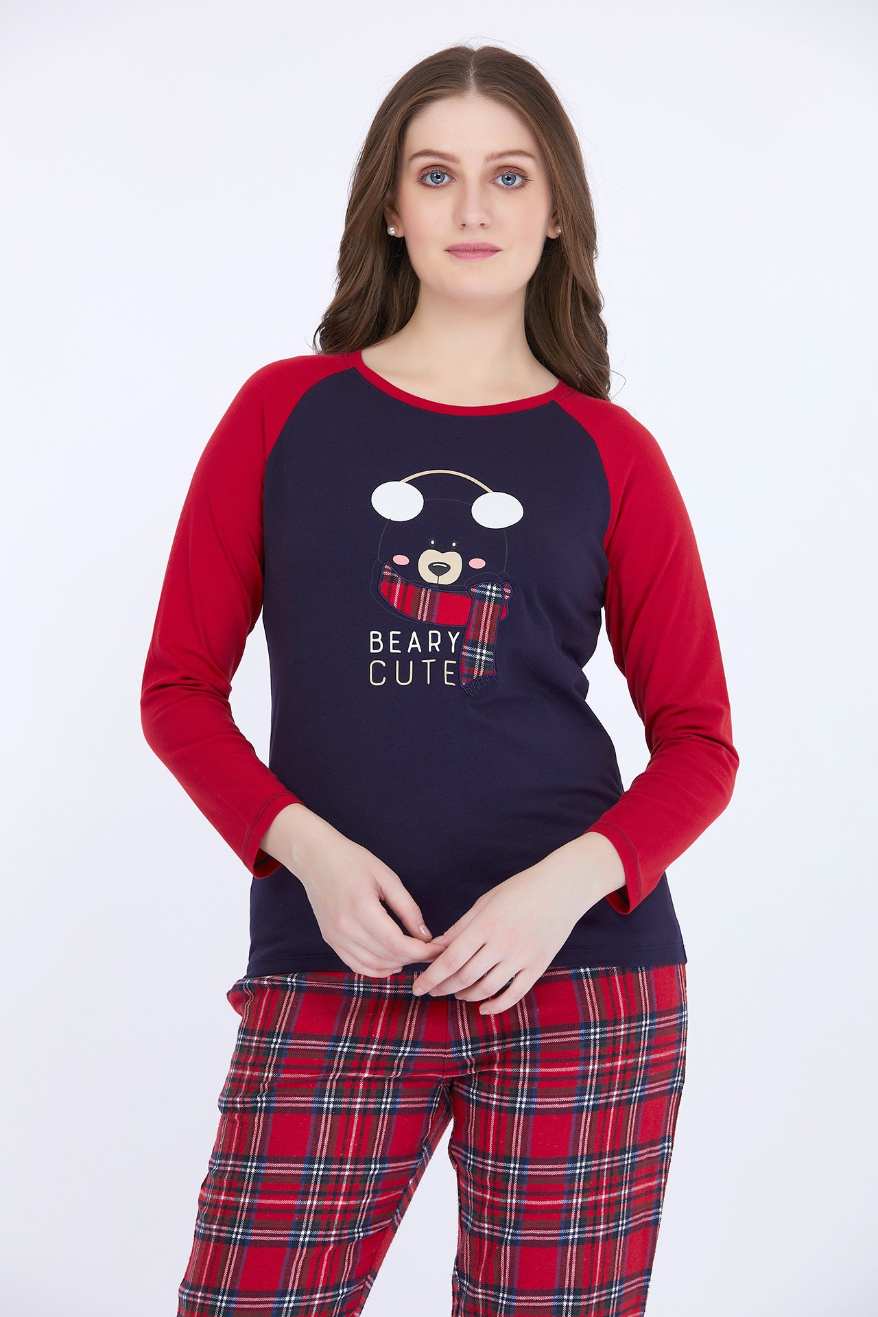 Women 100% Cotton Navy Blue Printed Full Sleeve T-Shirt With Pyjama