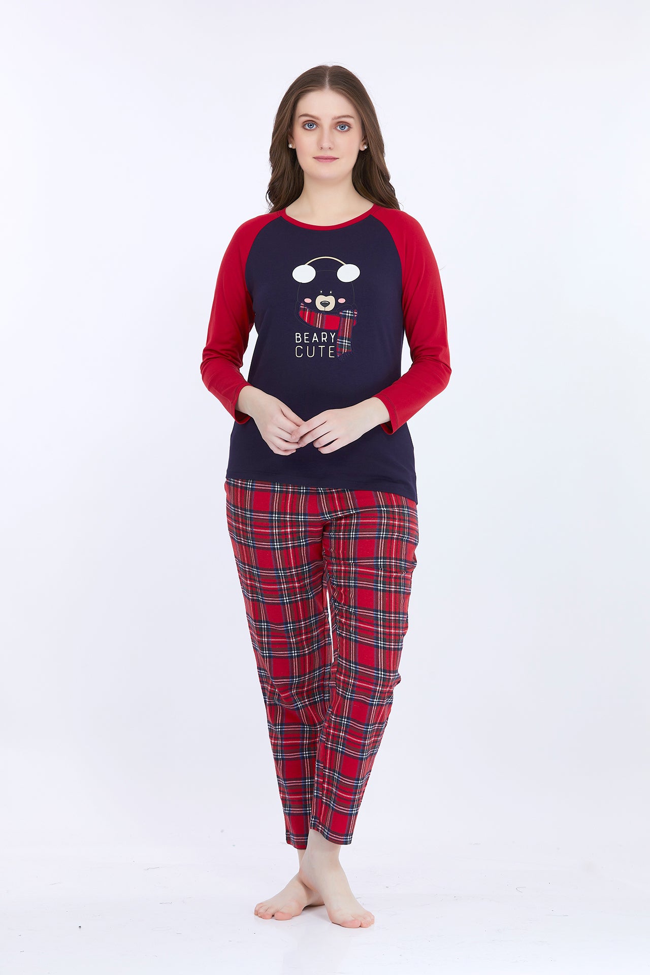 Women 100% Cotton Navy Blue Printed Full Sleeve T-Shirt With Pyjama
