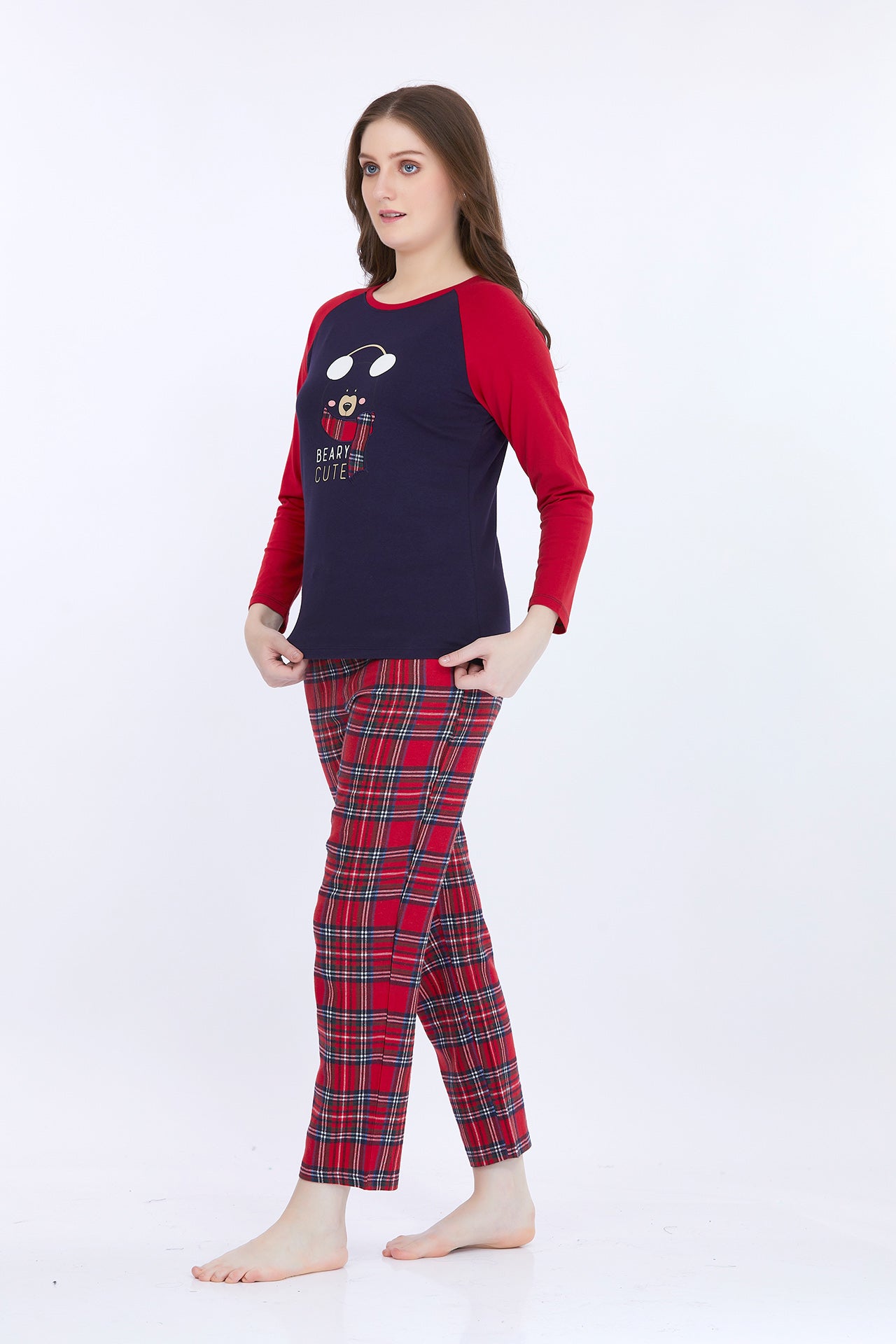 Women 100% Cotton Navy Blue Printed Full Sleeve T-Shirt With Pyjama