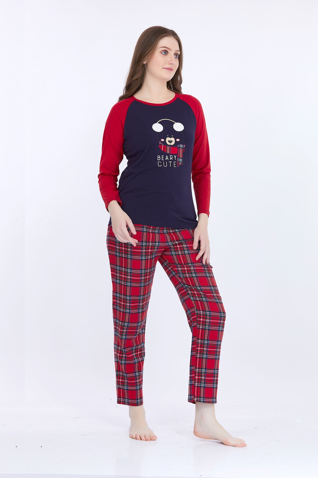 Women 100% Cotton Navy Blue Printed Full Sleeve T-Shirt With Pyjama