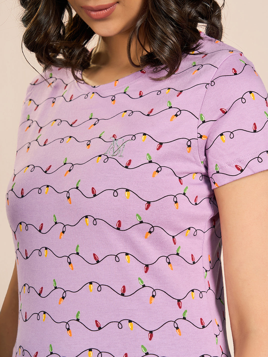Purple Round Neck Short Sleeve Printed Top & Cotton Pyjama Set for Women