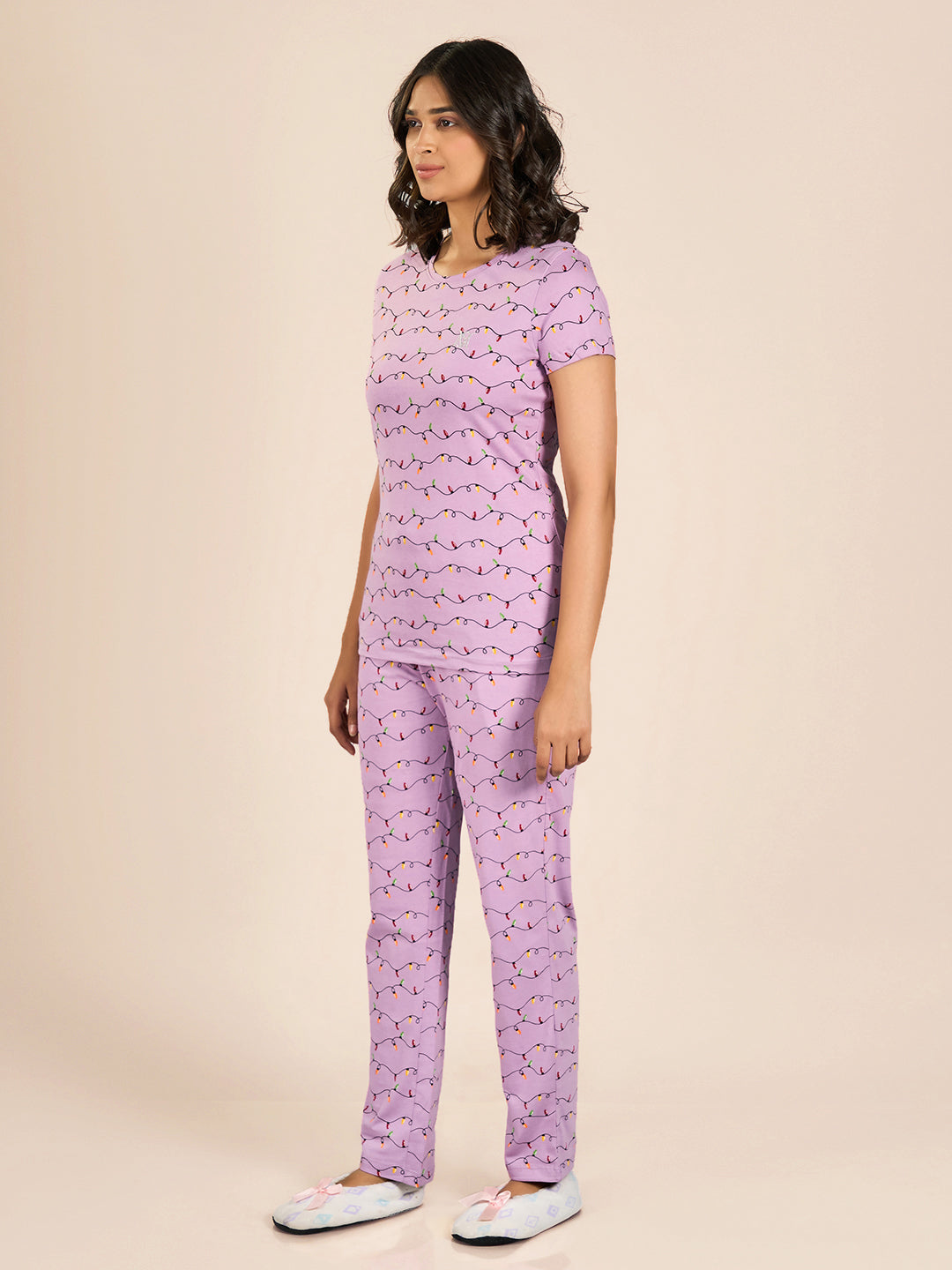 Purple Round Neck Short Sleeve Printed Top & Cotton Pyjama Set for Women