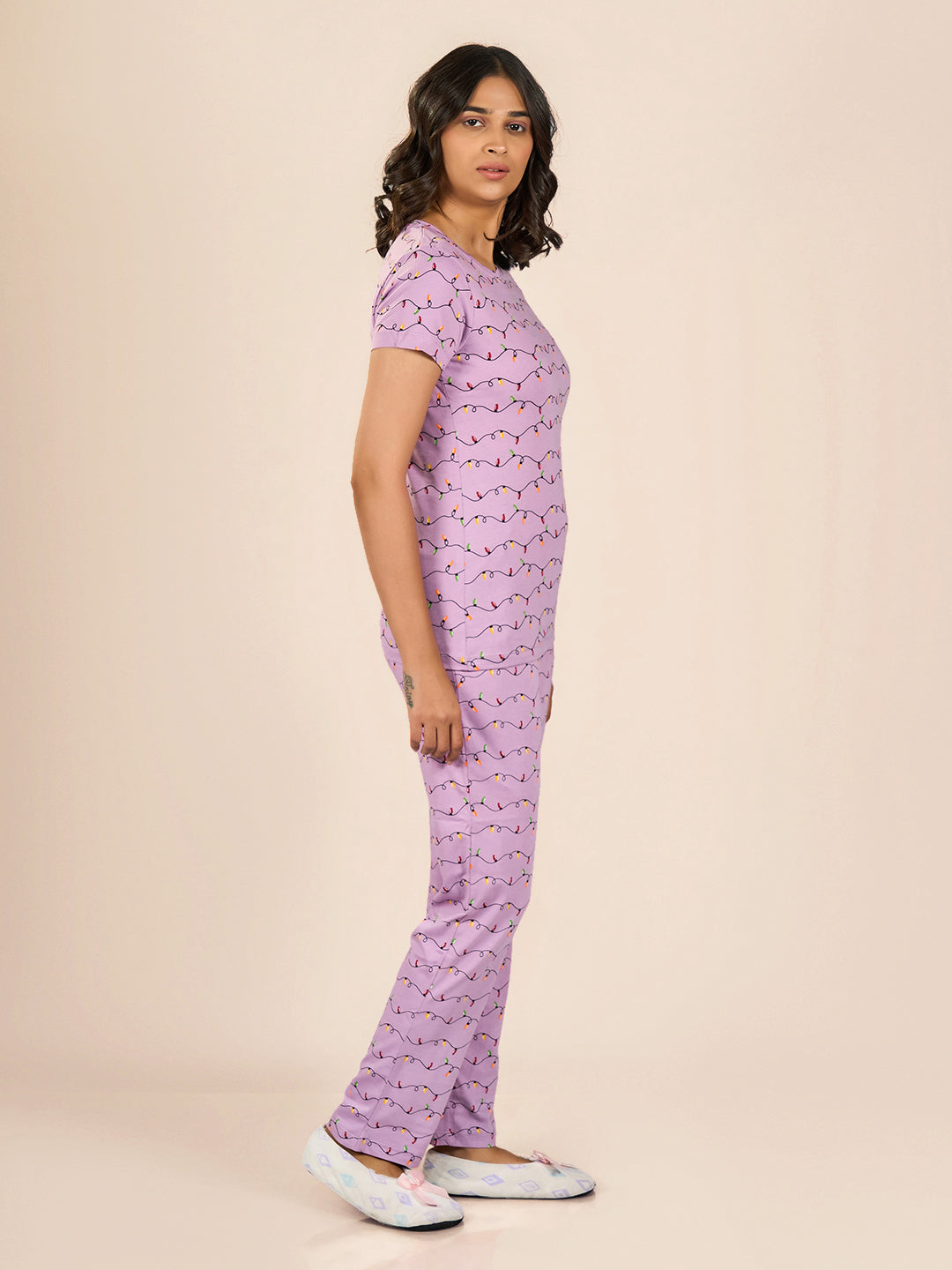 Purple Round Neck Short Sleeve Printed Top & Cotton Pyjama Set for Women