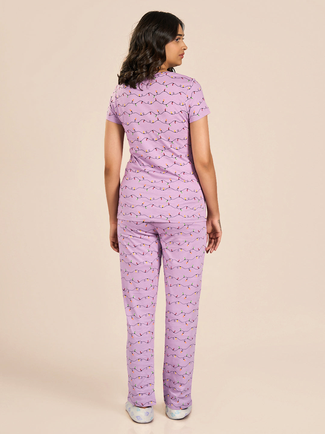 Purple Round Neck Short Sleeve Printed Top & Cotton Pyjama Set for Women