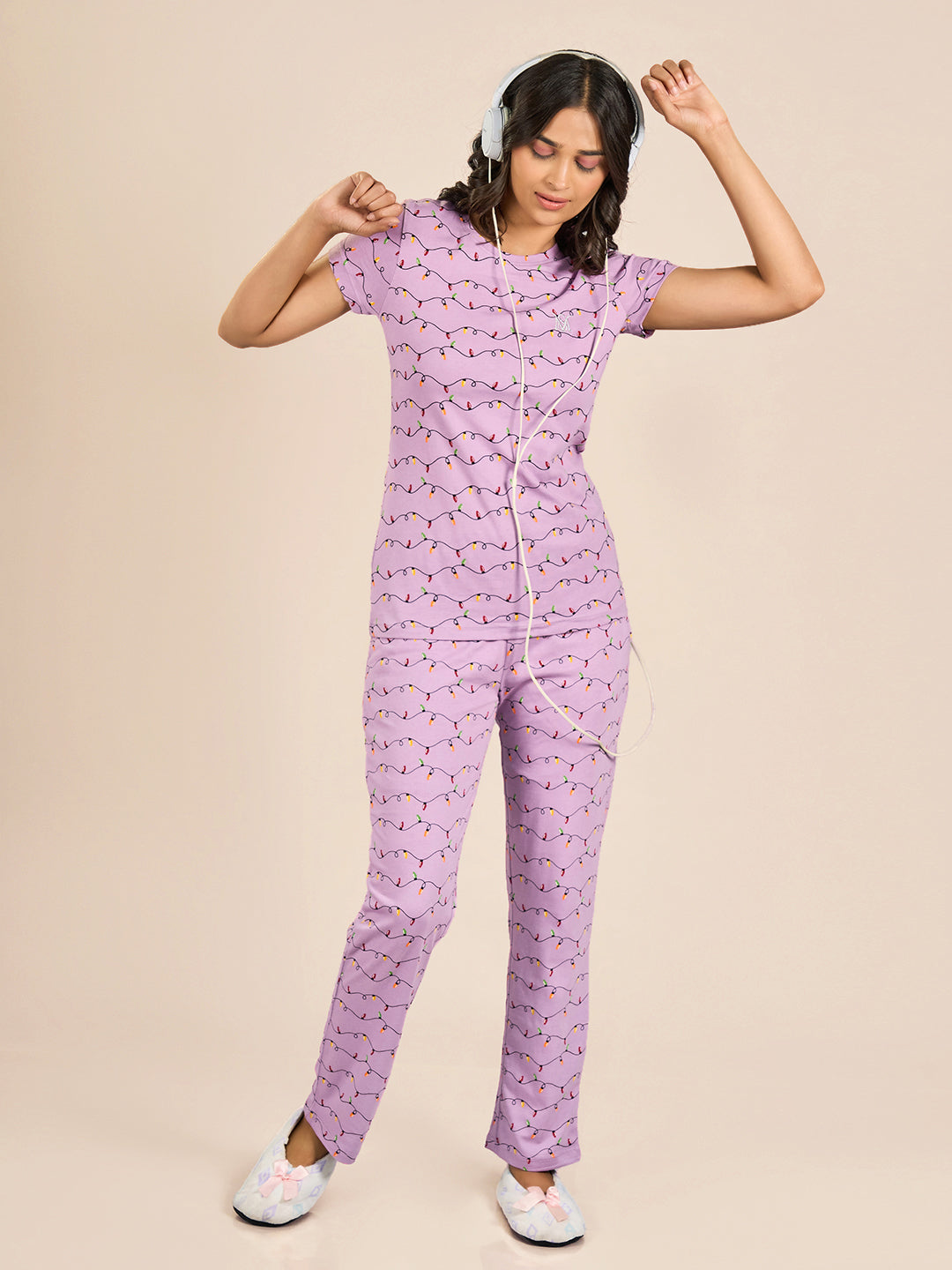 Purple Round Neck Short Sleeve Printed Top & Cotton Pyjama Set for Women