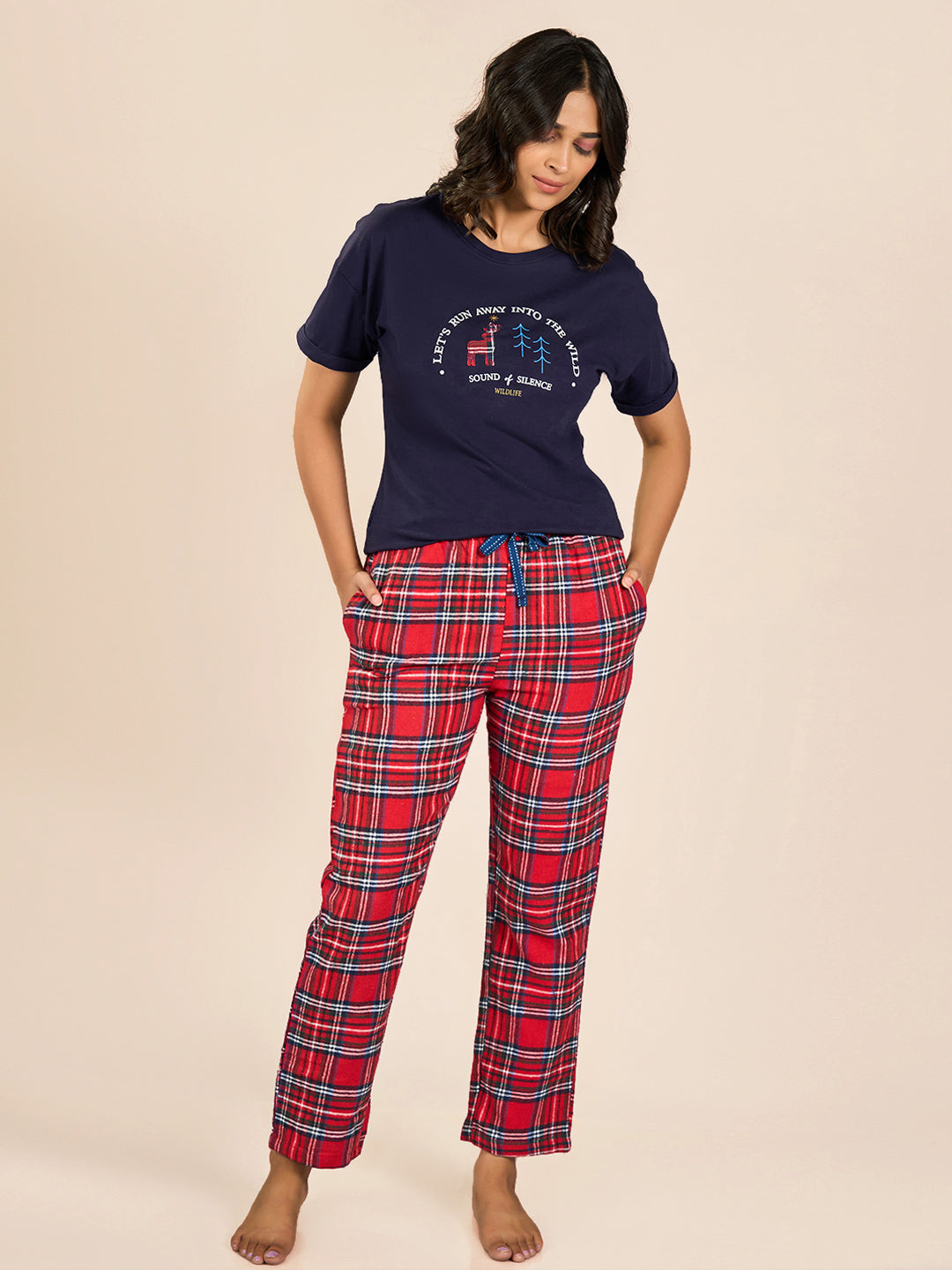 Blue Short Sleeve Printed T-Shirt & Pyjama Set for Women