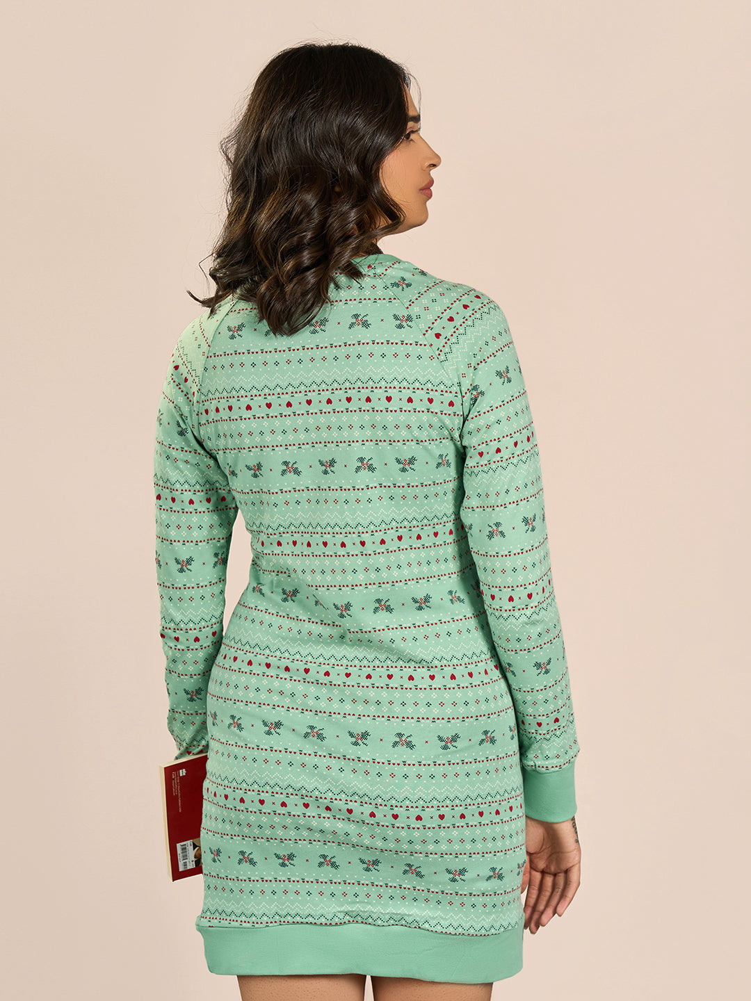 Green Round Neck Full Sleeve Printed Nighty for Women