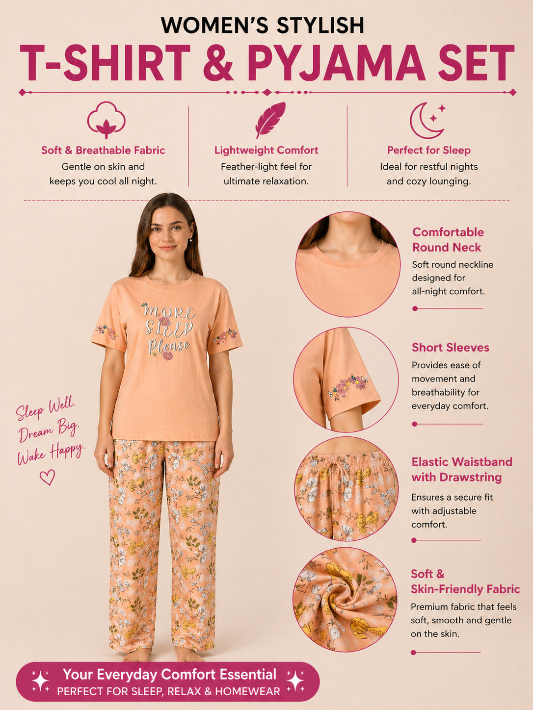 Women’s Printed Half Sleeve Rayon T-shirt & Pyjama Set Sleepwear - Coral