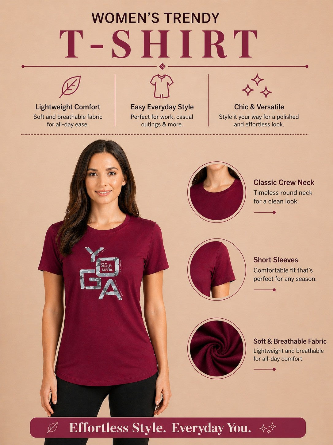 Women’s Solid Full Sleeve Polyester Active T-Shirt – Wine