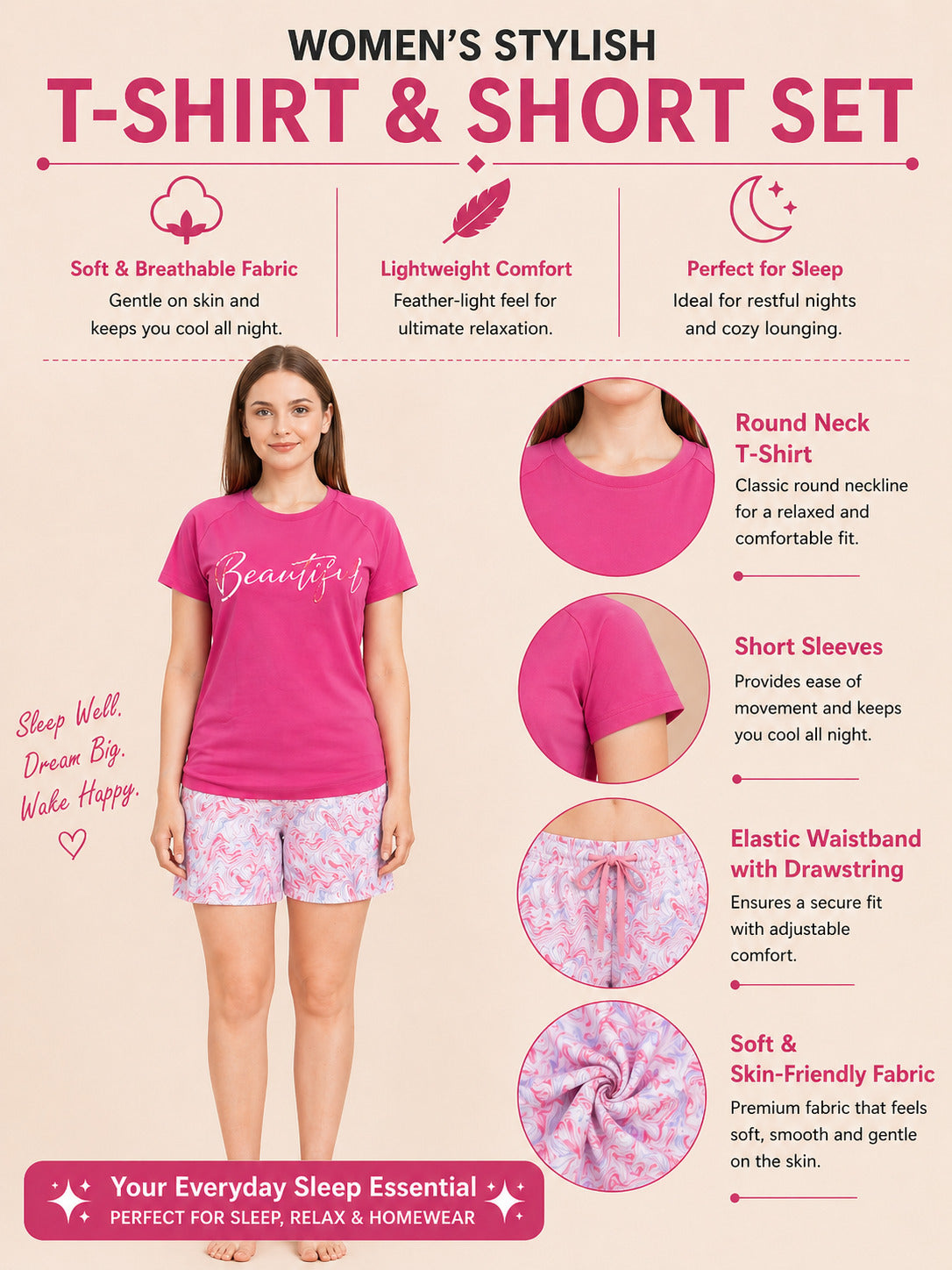 Women’s Printed Half Sleeve T-Shirt & Shorts Set – Pink
