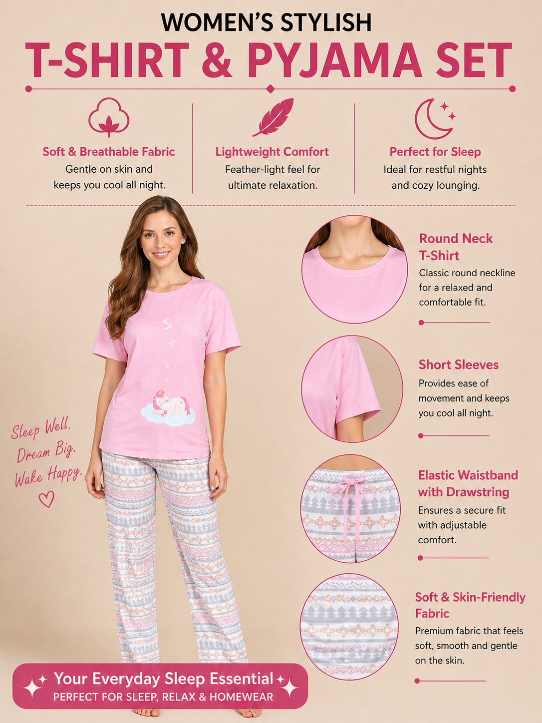 Women’s Print Half Sleeve T-Shirt & Pyjama Set – Off White
