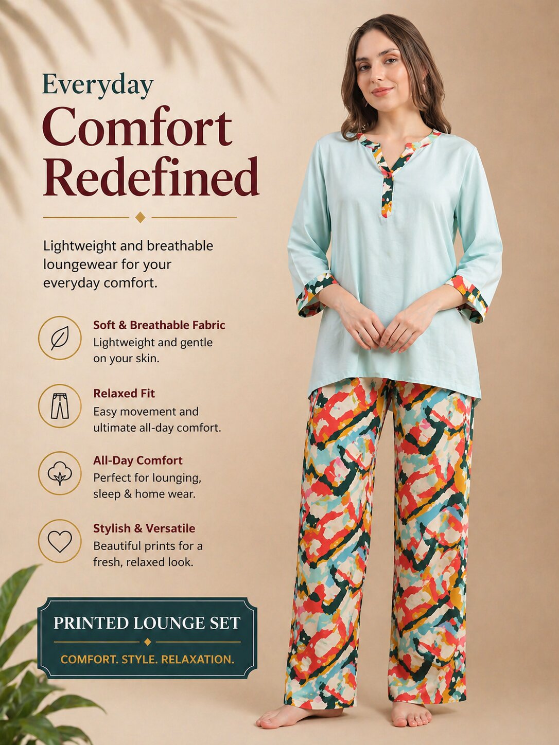 Women’s Printed Half Sleeve T-Shirt & Pyjama Set – Sand Brown and Blue