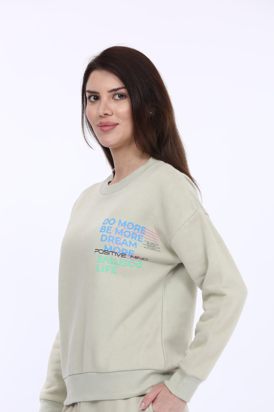 Women Fleece Beige Printed Full Sleeve Sweat Shirt T-shirt