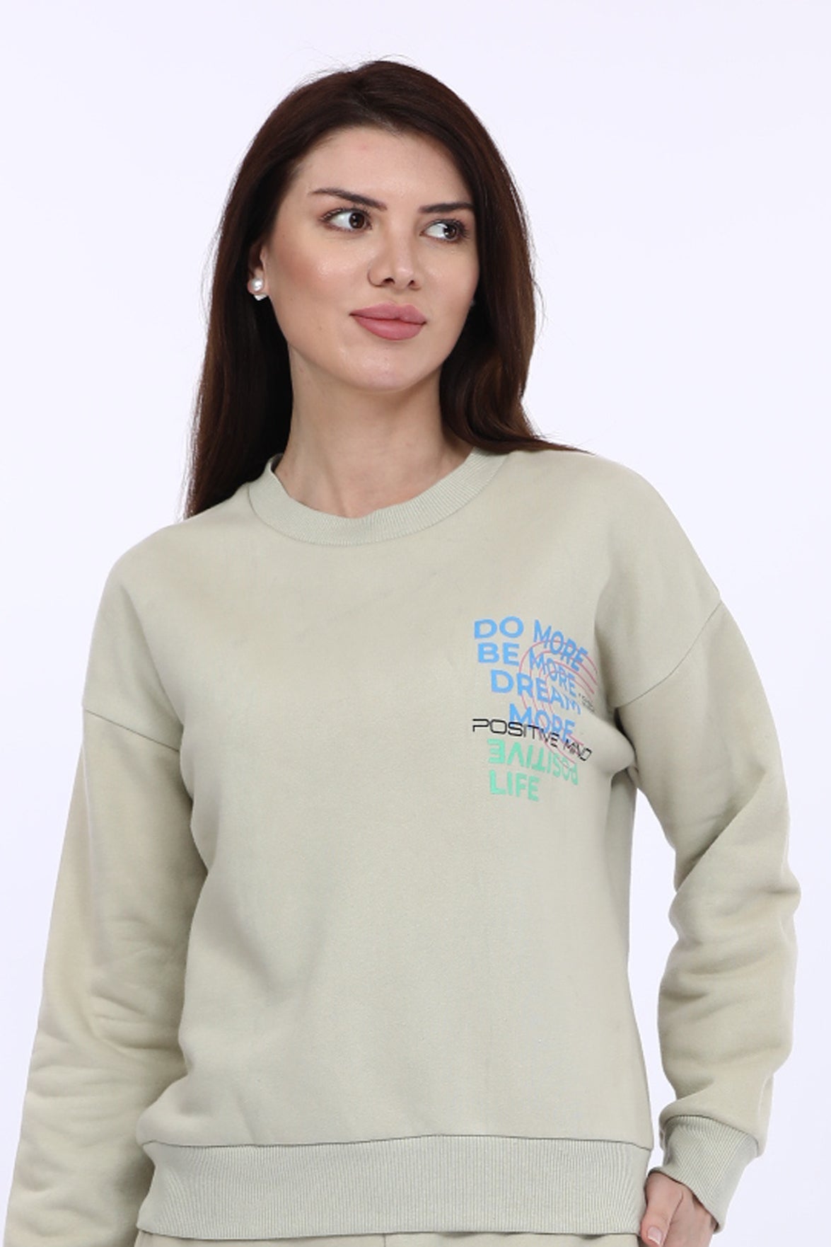 Women Fleece Beige Printed Full Sleeve Sweat Shirt T-shirt