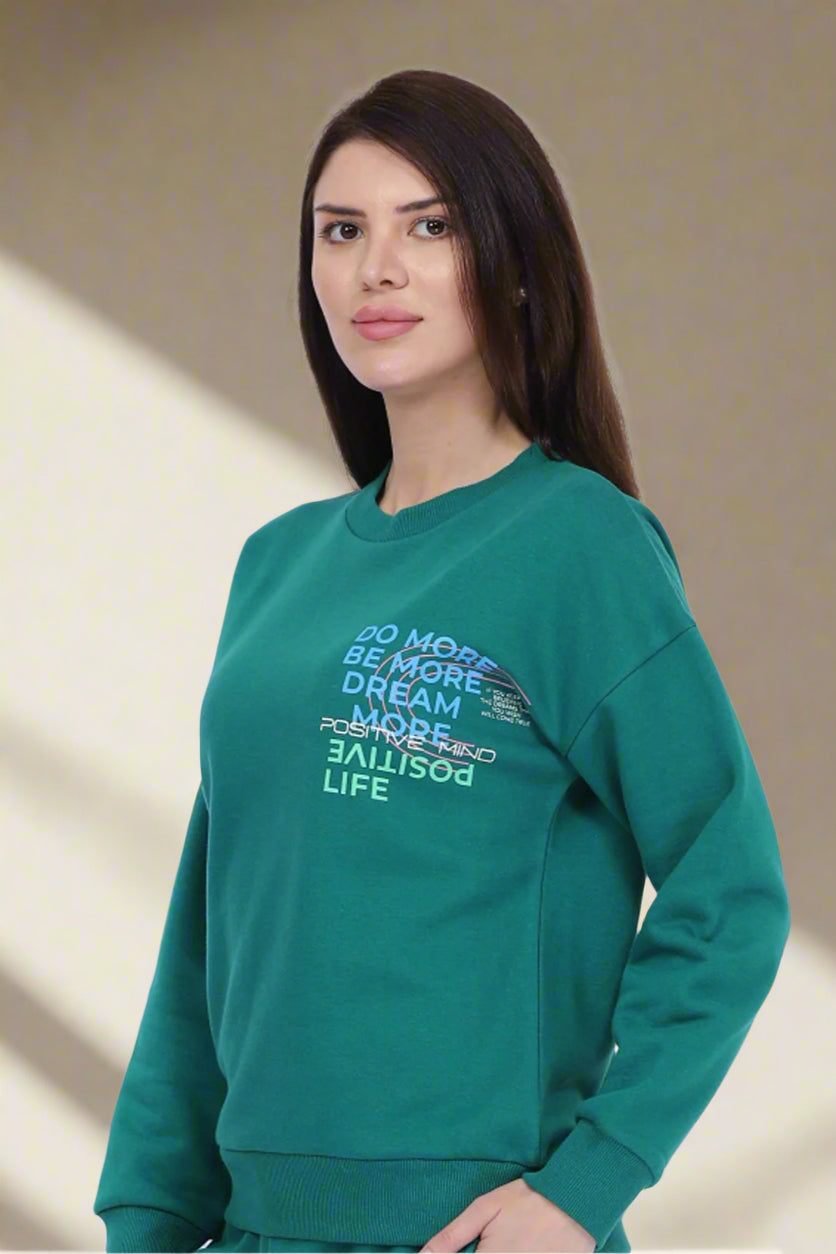 Women Fleece Green Printed Full Sleeve Sweat Shirt