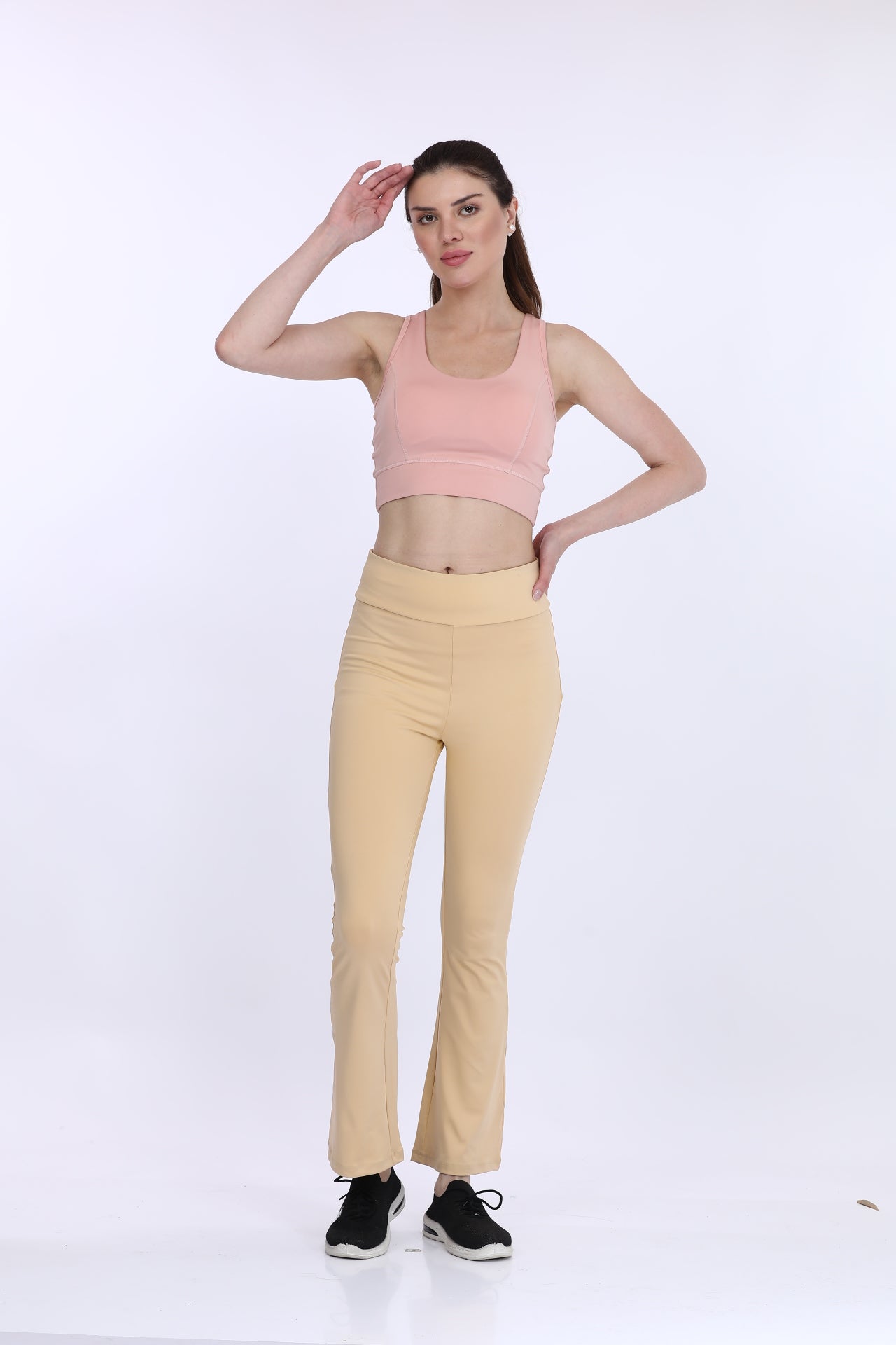 Women Poly Spandex Beige Solid Flair Bottom