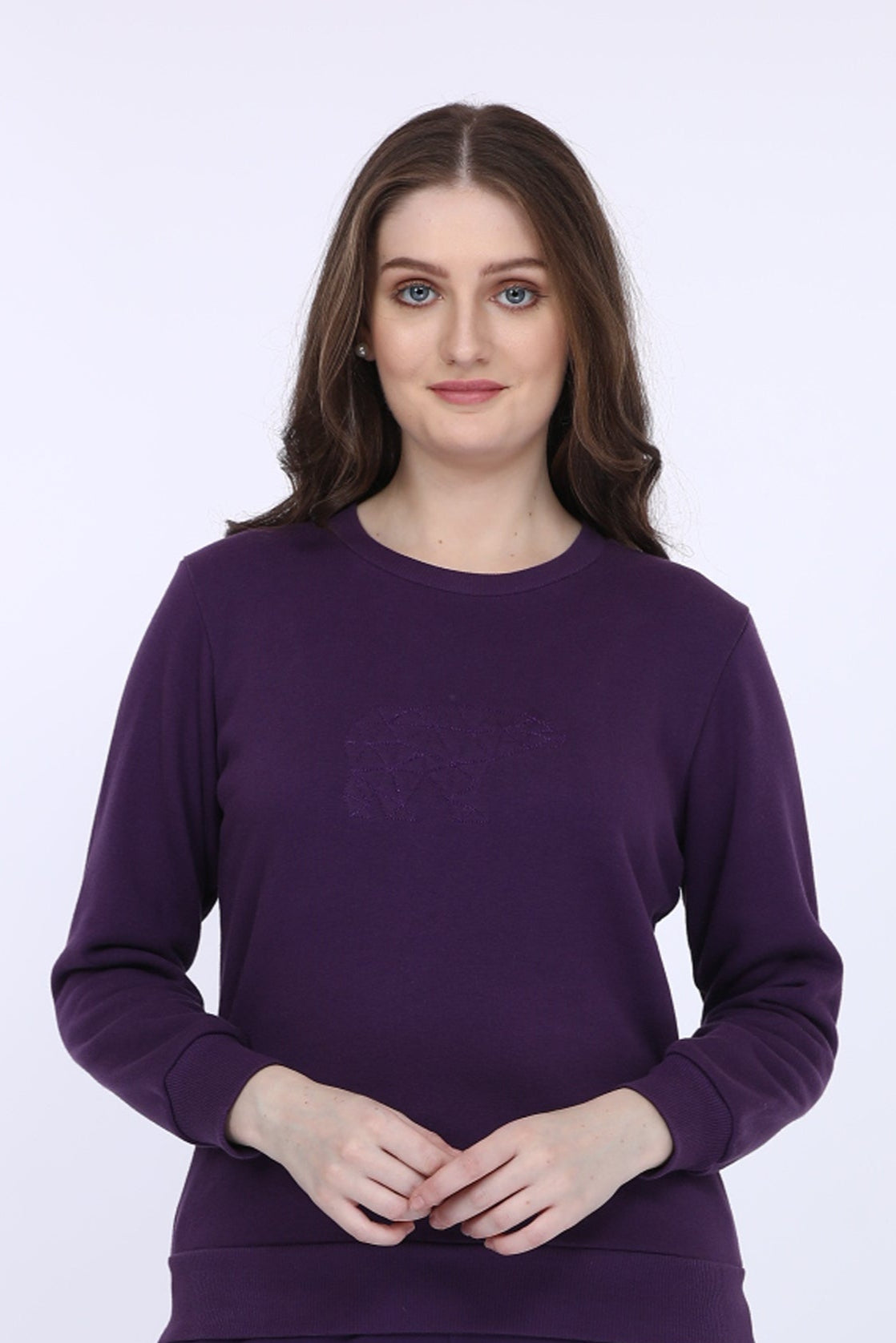 Women Fleece Purple Solid Full Sleeve Sweat Shirt T-shirt