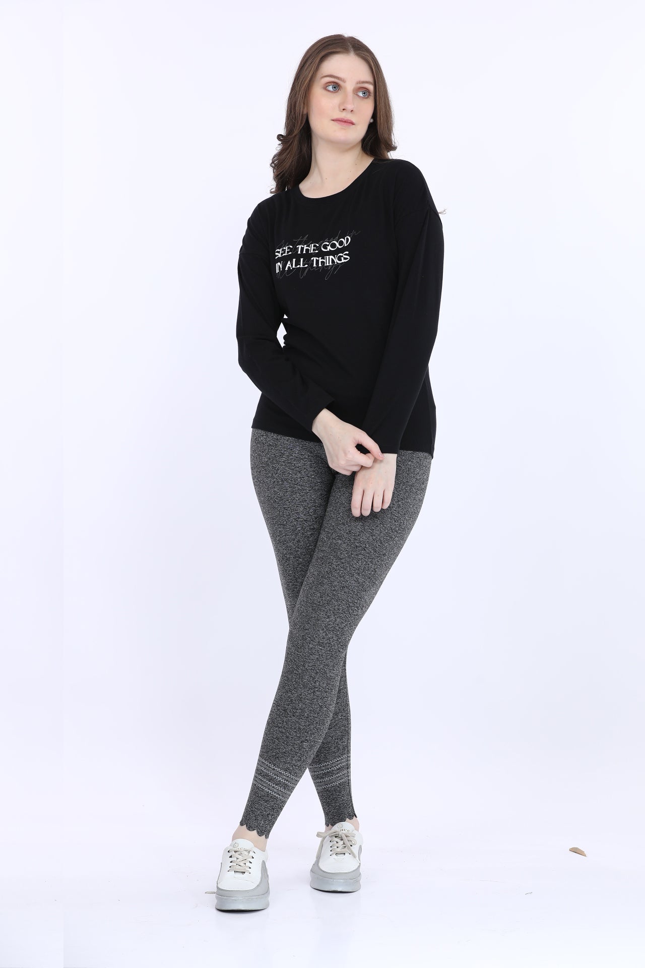 Women Cotton Spandex Black Printed Full Sleeve T-Shirt