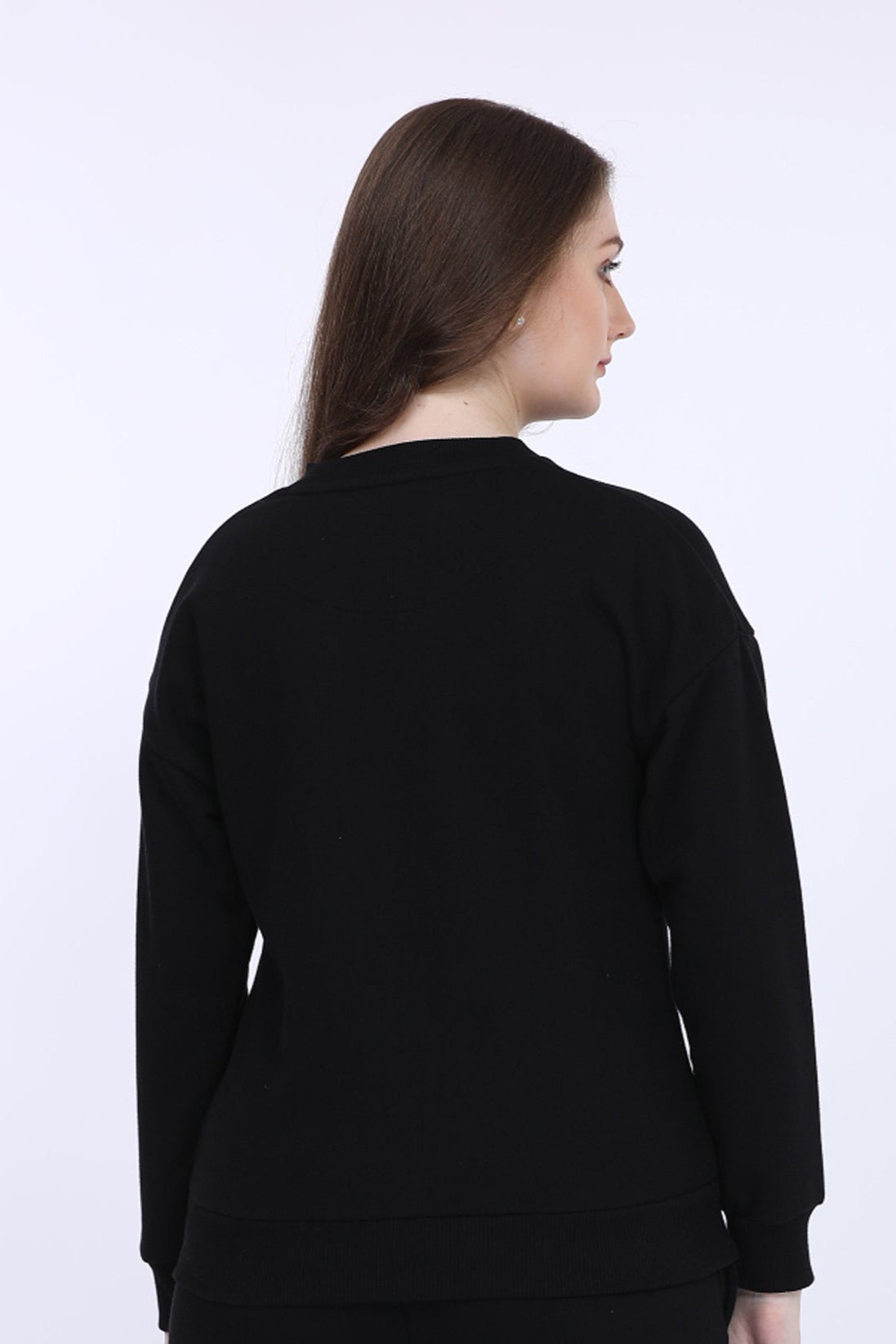 Women Fleece Black Printed Full Sleeve Sweat Shirt T-shirt