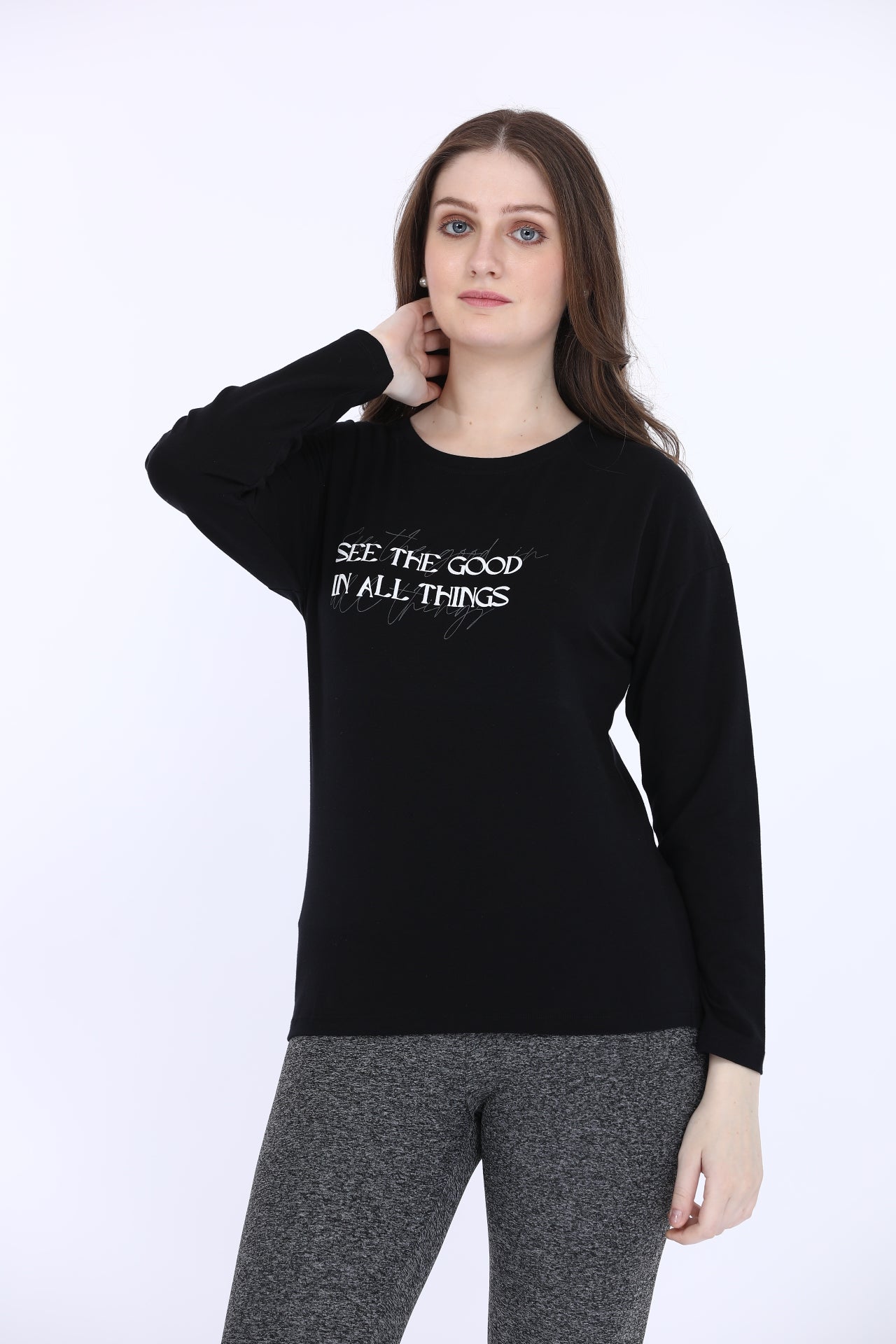 Women Cotton Spandex Black Printed Full Sleeve T-Shirt