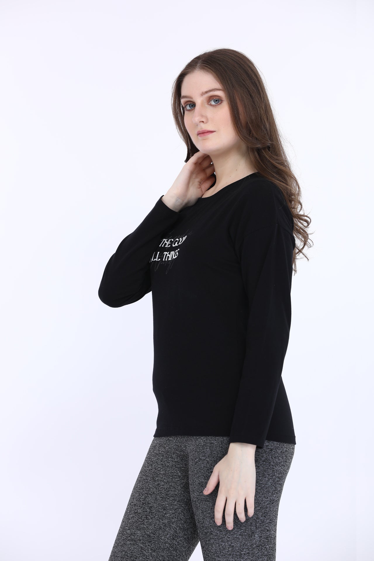Women Cotton Spandex Black Printed Full Sleeve T-Shirt