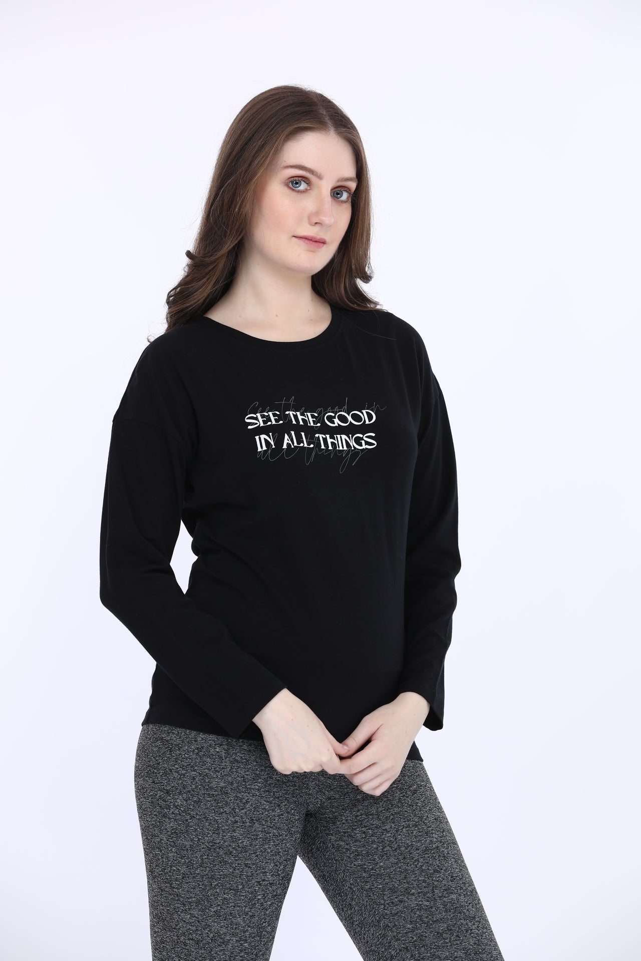 Women Cotton Spandex Black Printed Full Sleeve T-Shirt