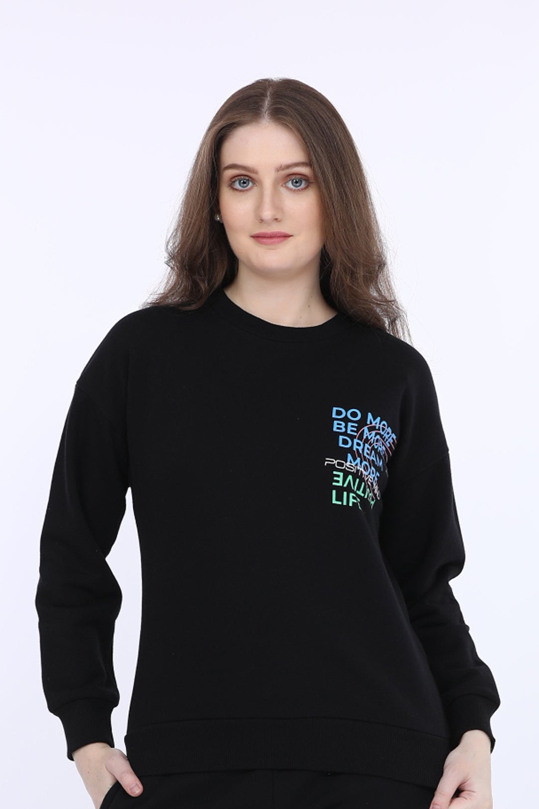 Women Fleece Black Printed Full Sleeve Sweat Shirt T-shirt