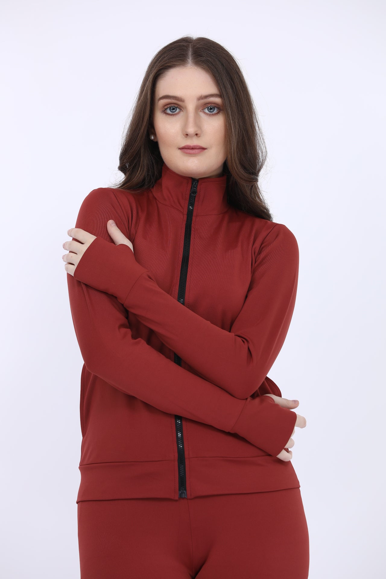 Women Poly Spandex Red Solid Full Sleeve Track Suit
