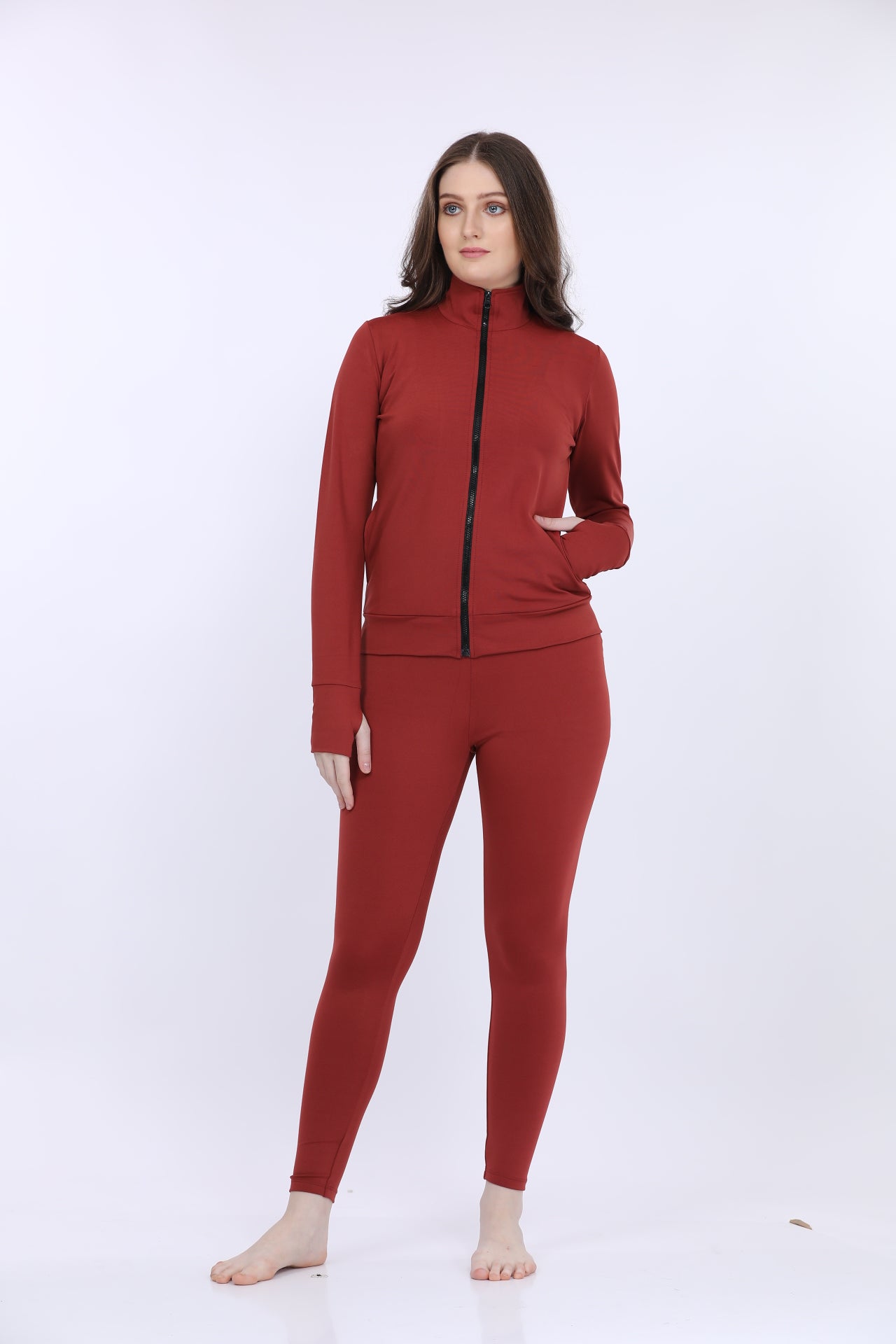 Women Poly Spandex Red Solid Full Sleeve Track Suit