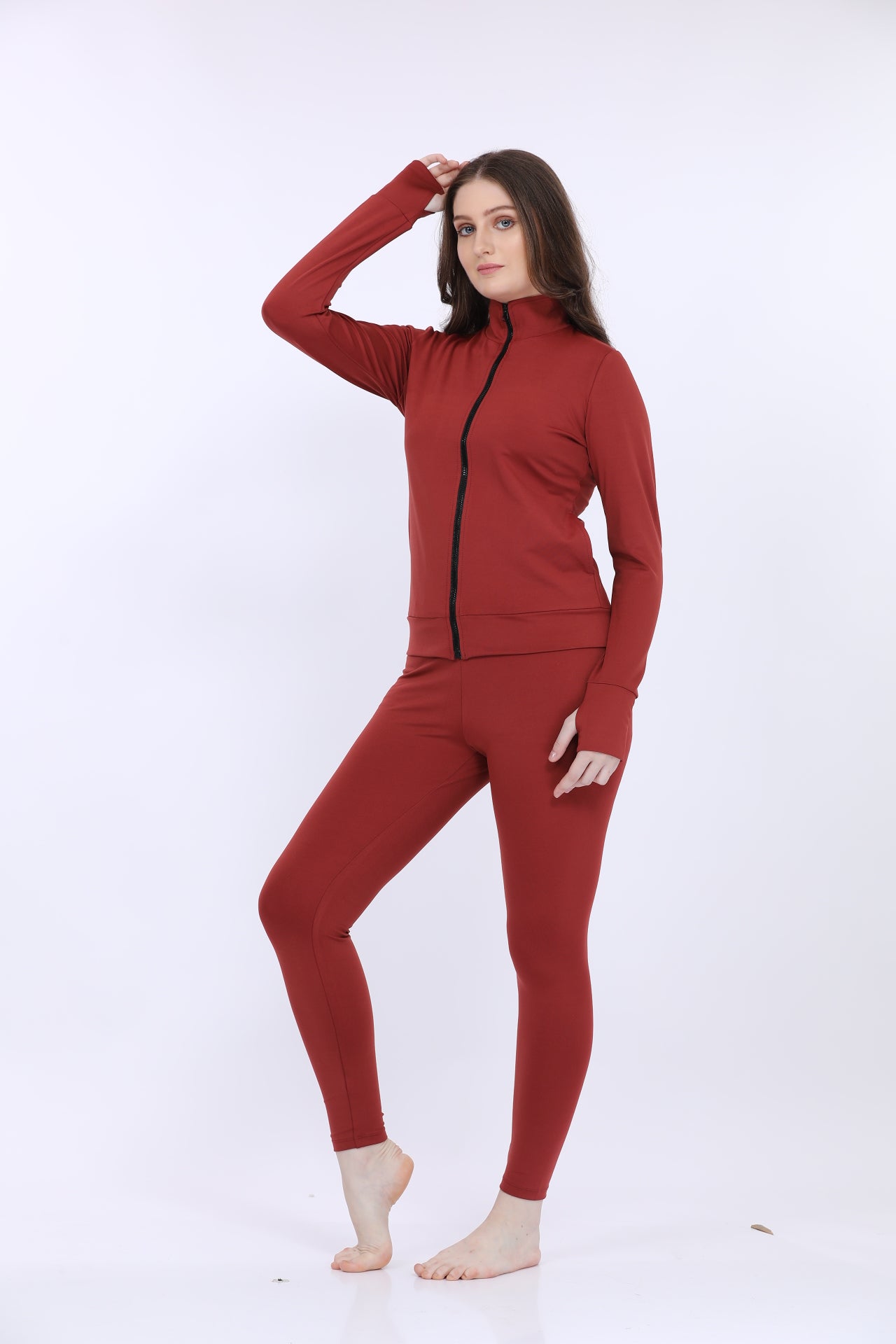 Women Poly Spandex Red Solid Full Sleeve Track Suit