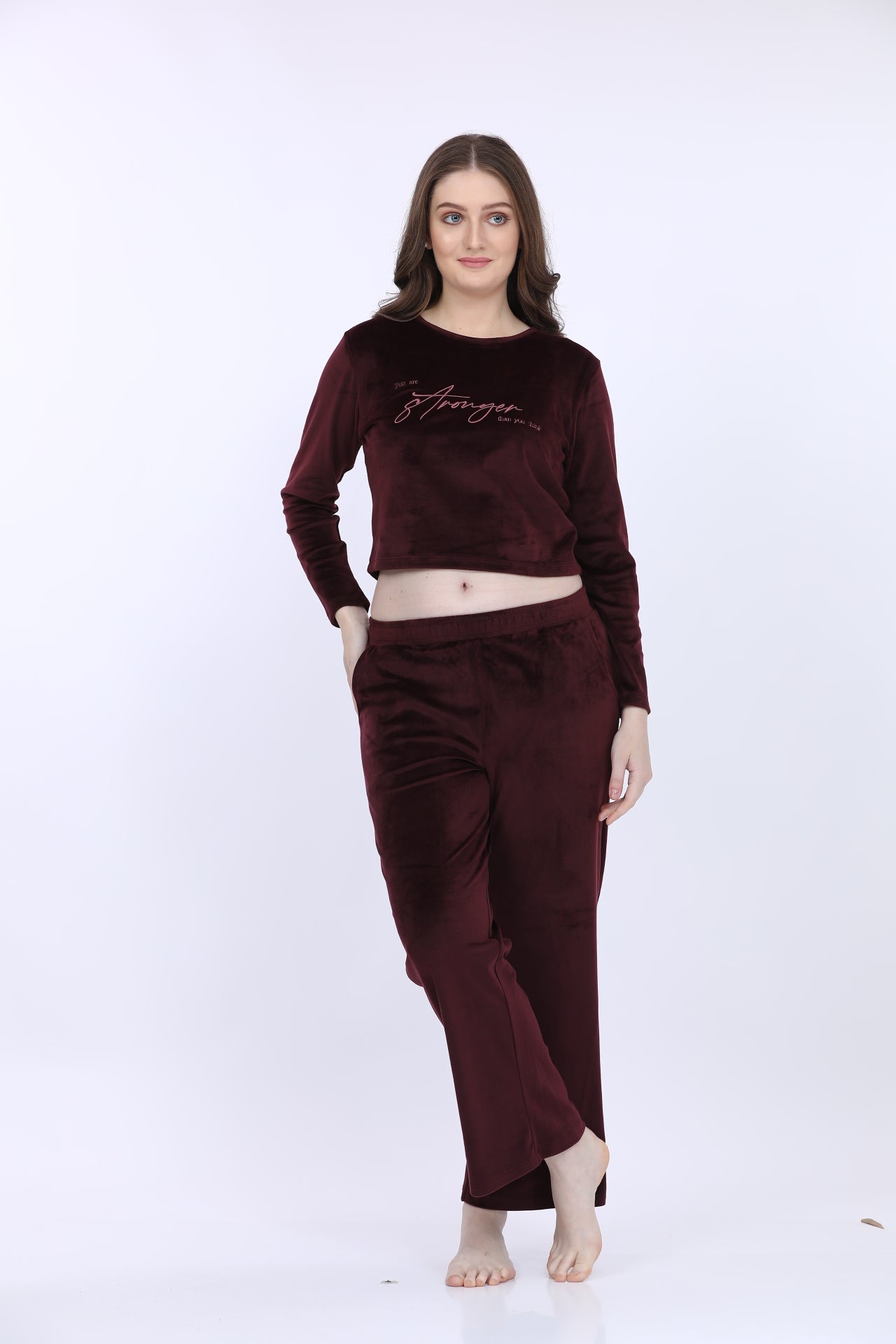 Wine Velour Full Sleeve Tracksuit
