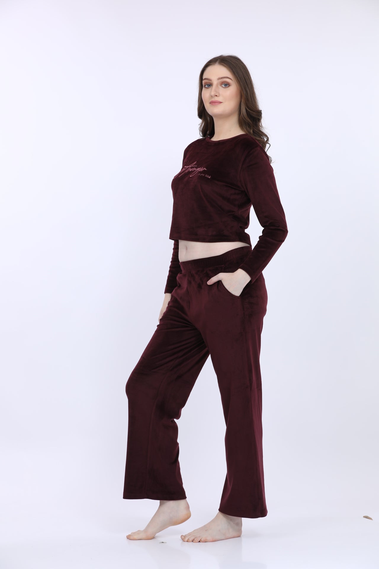 Wine Velour Full Sleeve Tracksuit