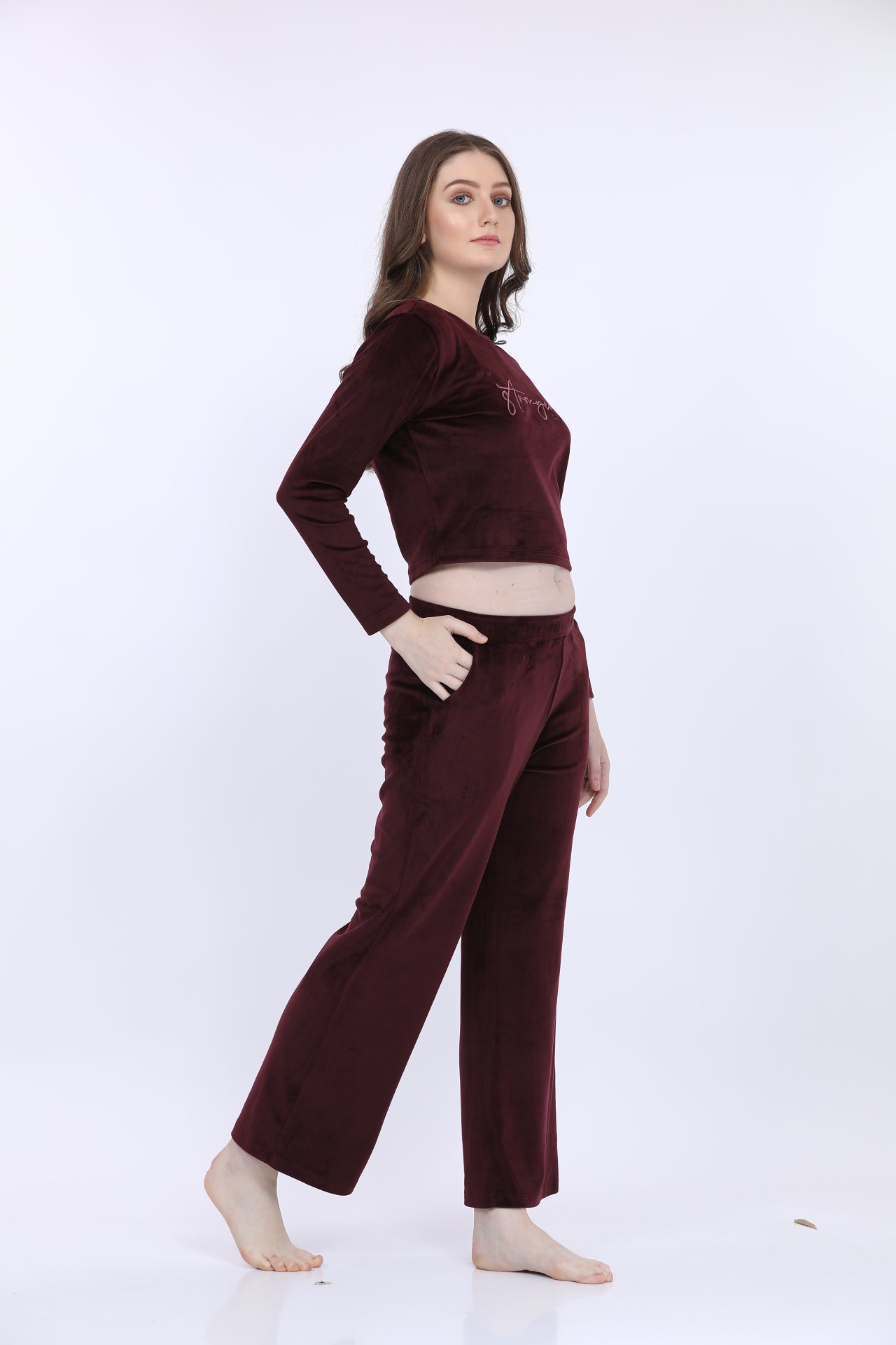 Wine Velour Full Sleeve Tracksuit