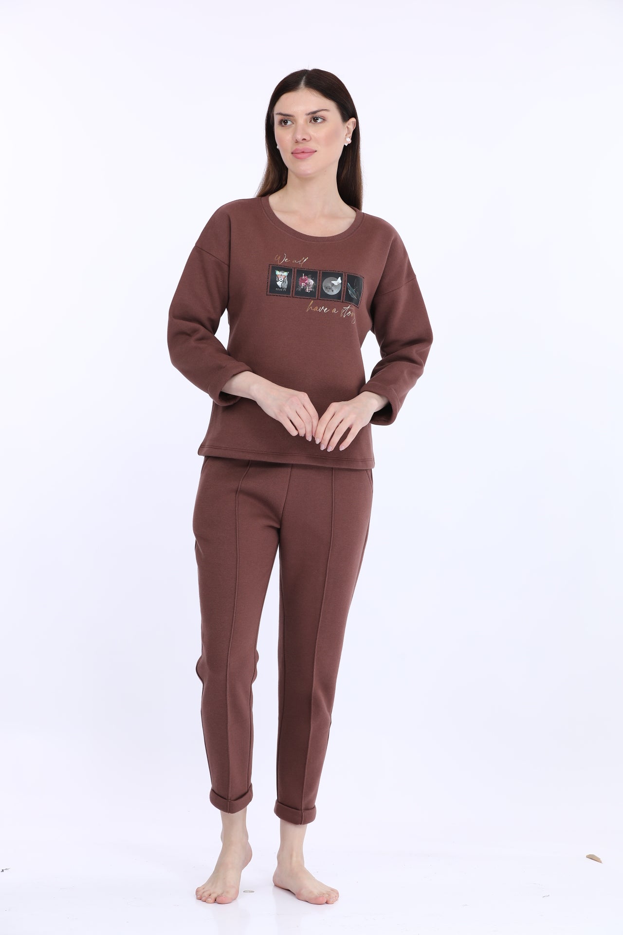 Women Fleece Brown Full Sleeve Track Suit