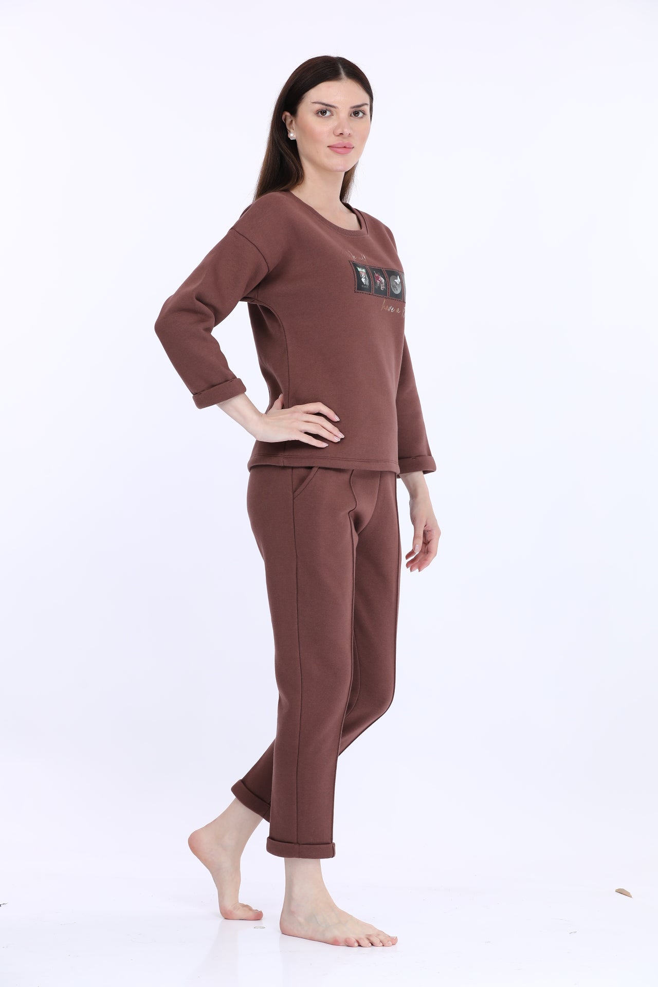 Women Fleece Brown Full Sleeve Track Suit