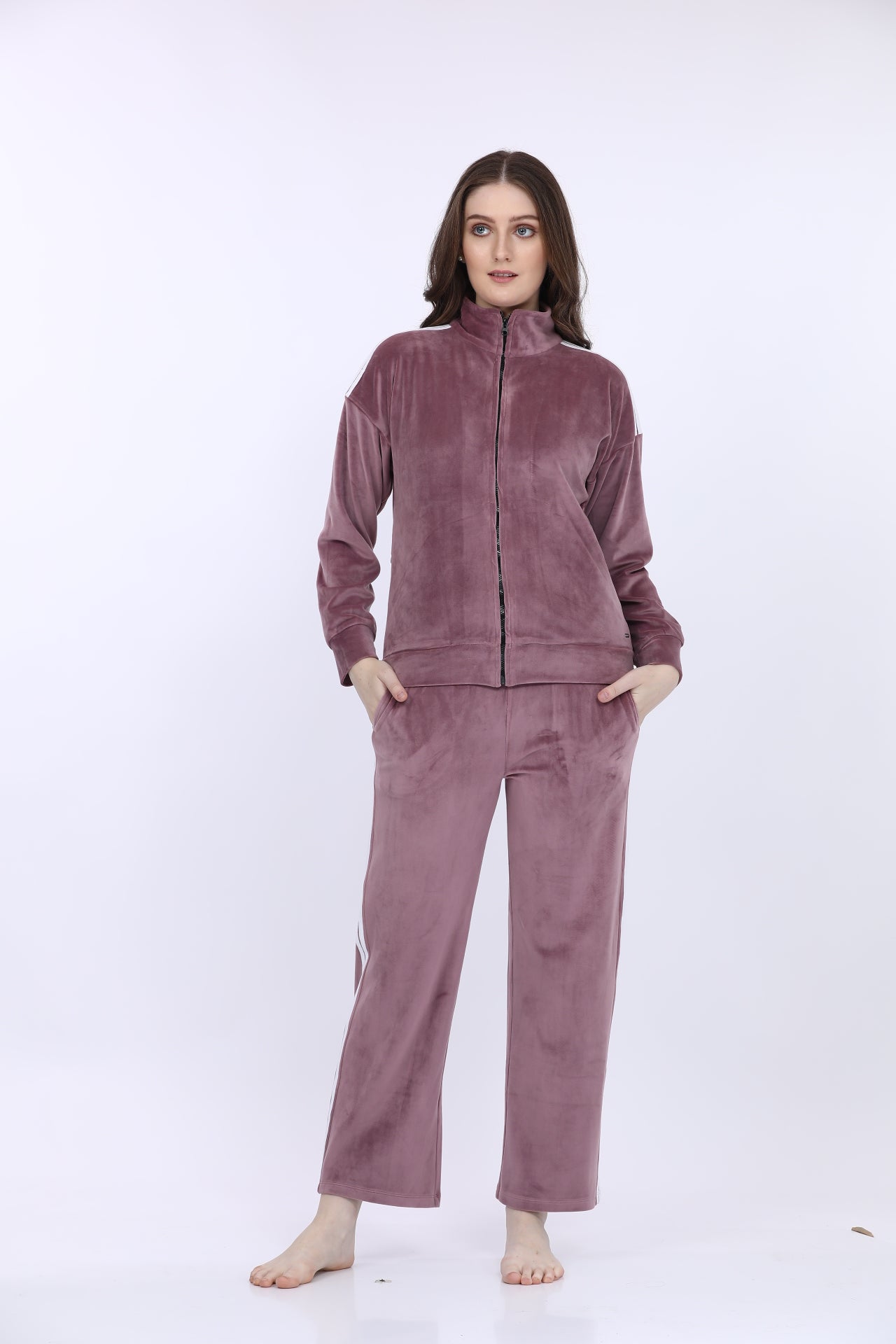 Women Cotton Spandex Purple Striped Full Sleeve Track Suit