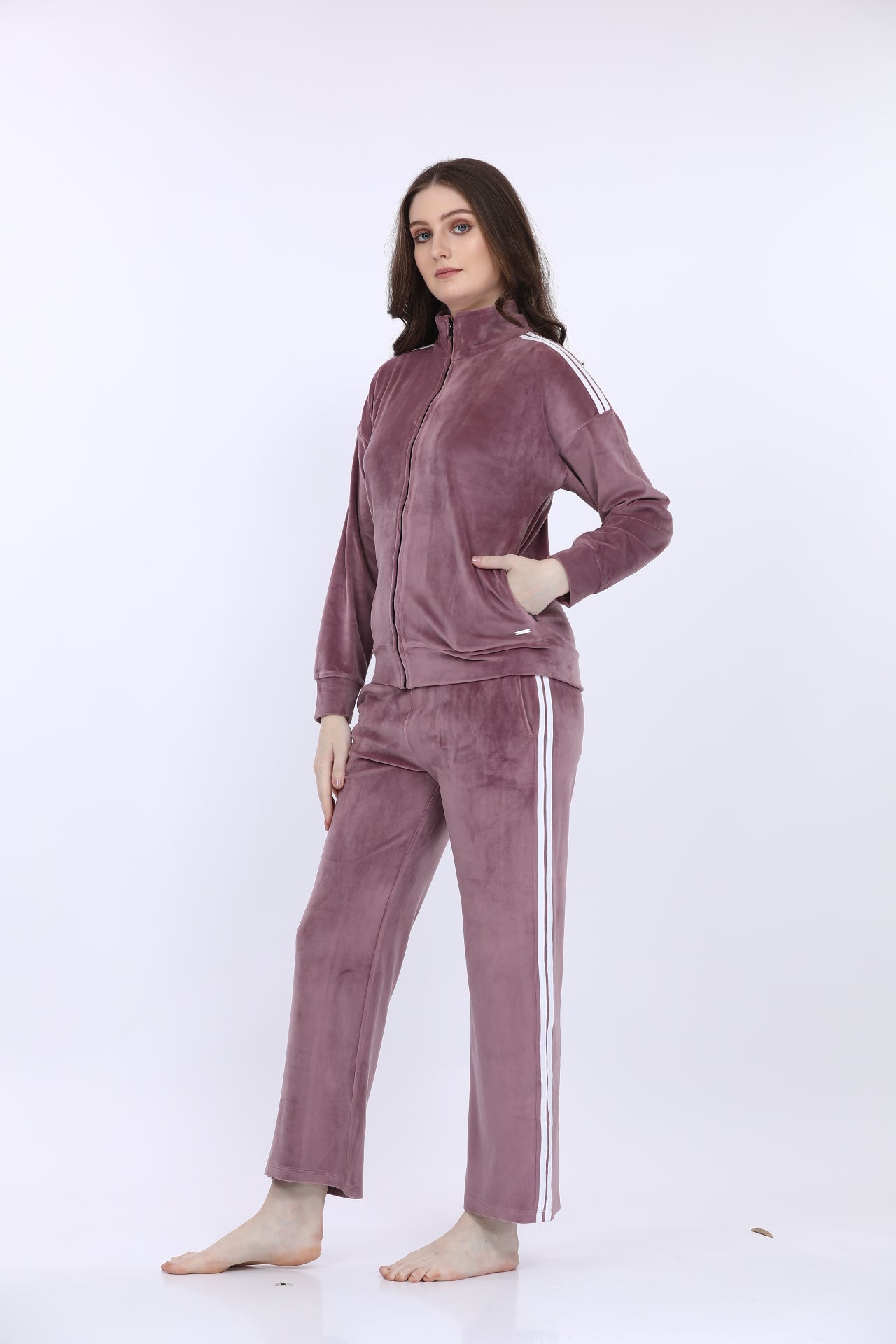 Women Cotton Spandex Purple Striped Full Sleeve Track Suit