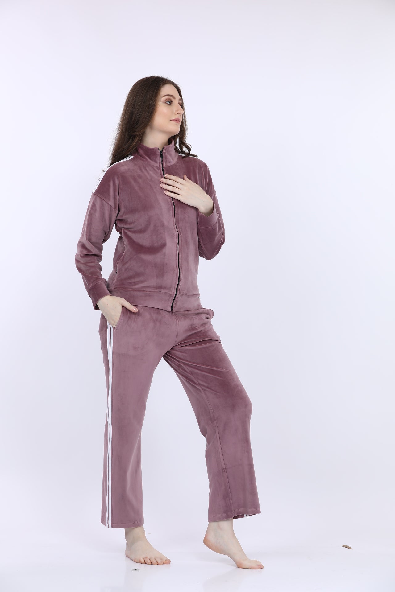 Women Cotton Spandex Purple Striped Full Sleeve Track Suit