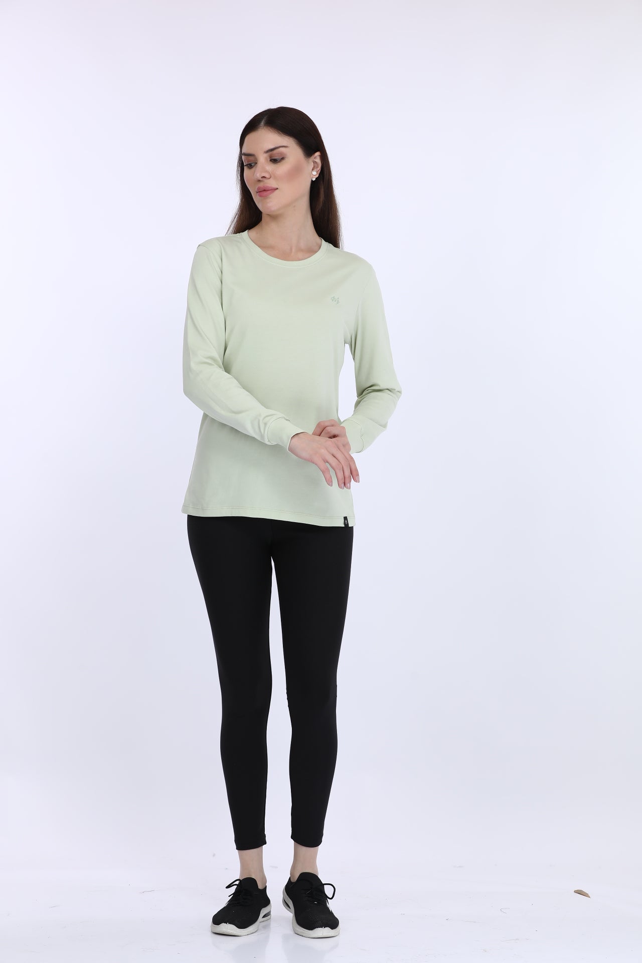 Women 100% Cotton Green Solid Full Sleeve T-Shirt
