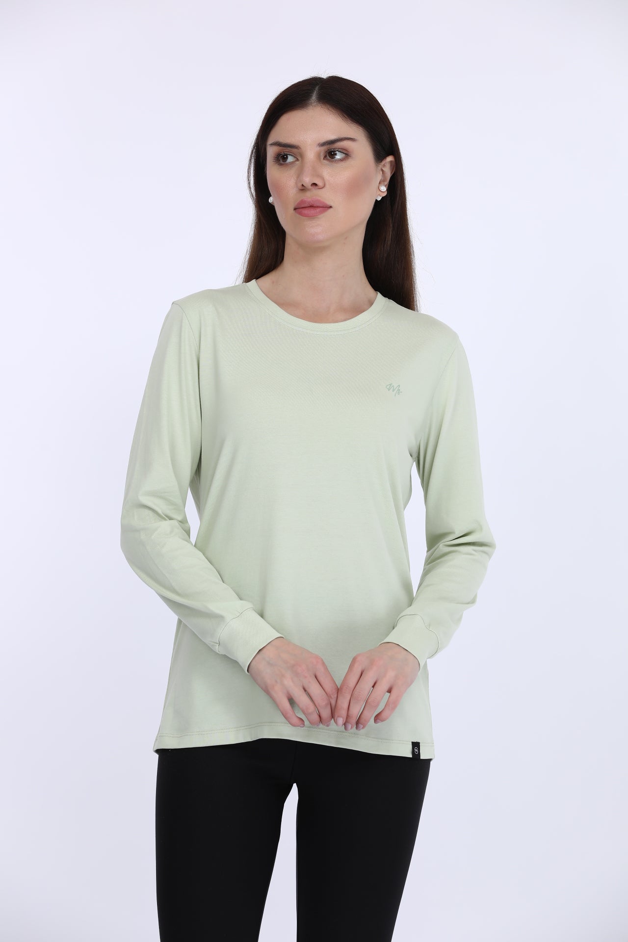 Women 100% Cotton Green Solid Full Sleeve T-Shirt