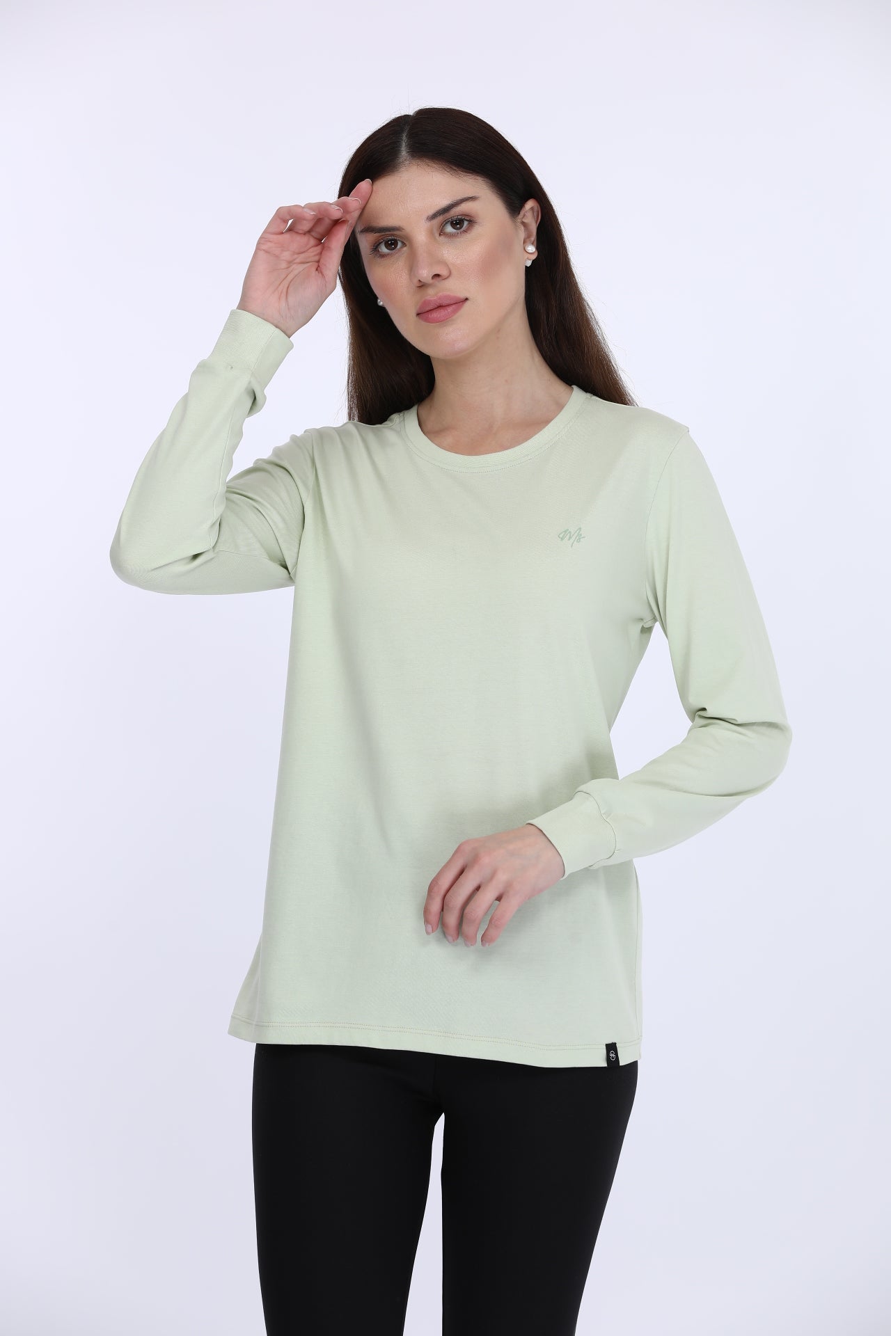 Women 100% Cotton Green Solid Full Sleeve T-Shirt