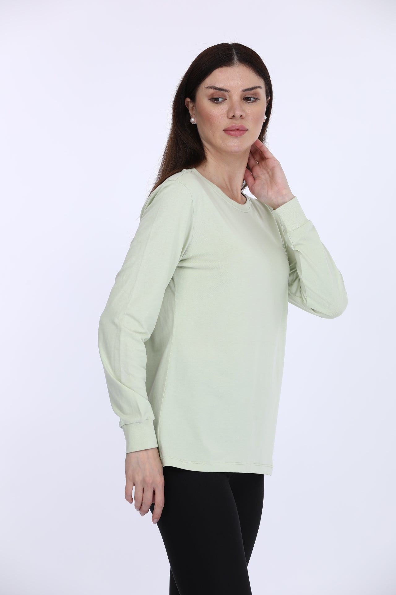 Women 100% Cotton Green Solid Full Sleeve T-Shirt