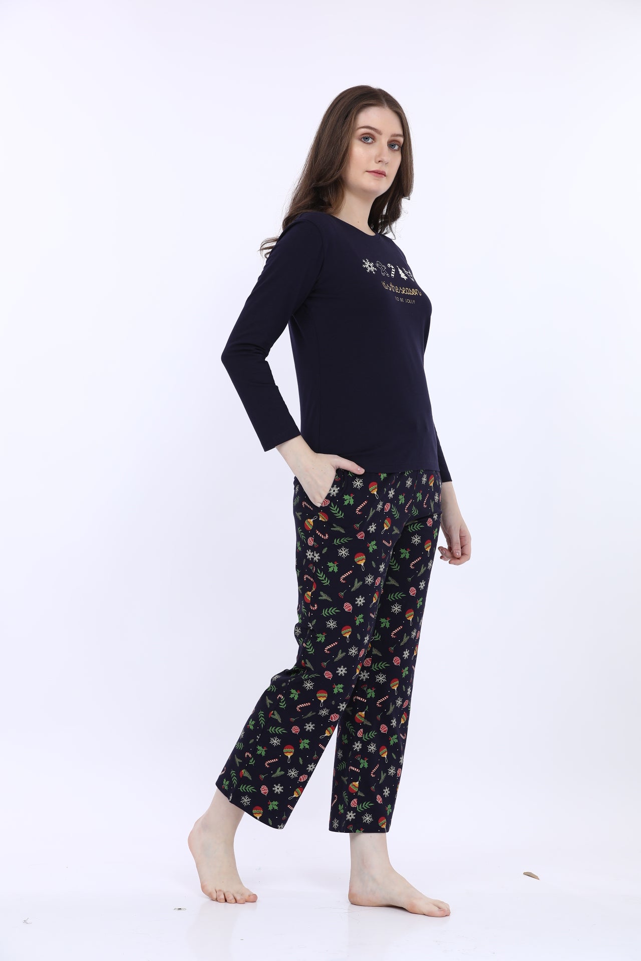 Women 100% Cotton Navy Blue Printed Full Sleeve T-Shirt With Pyjama