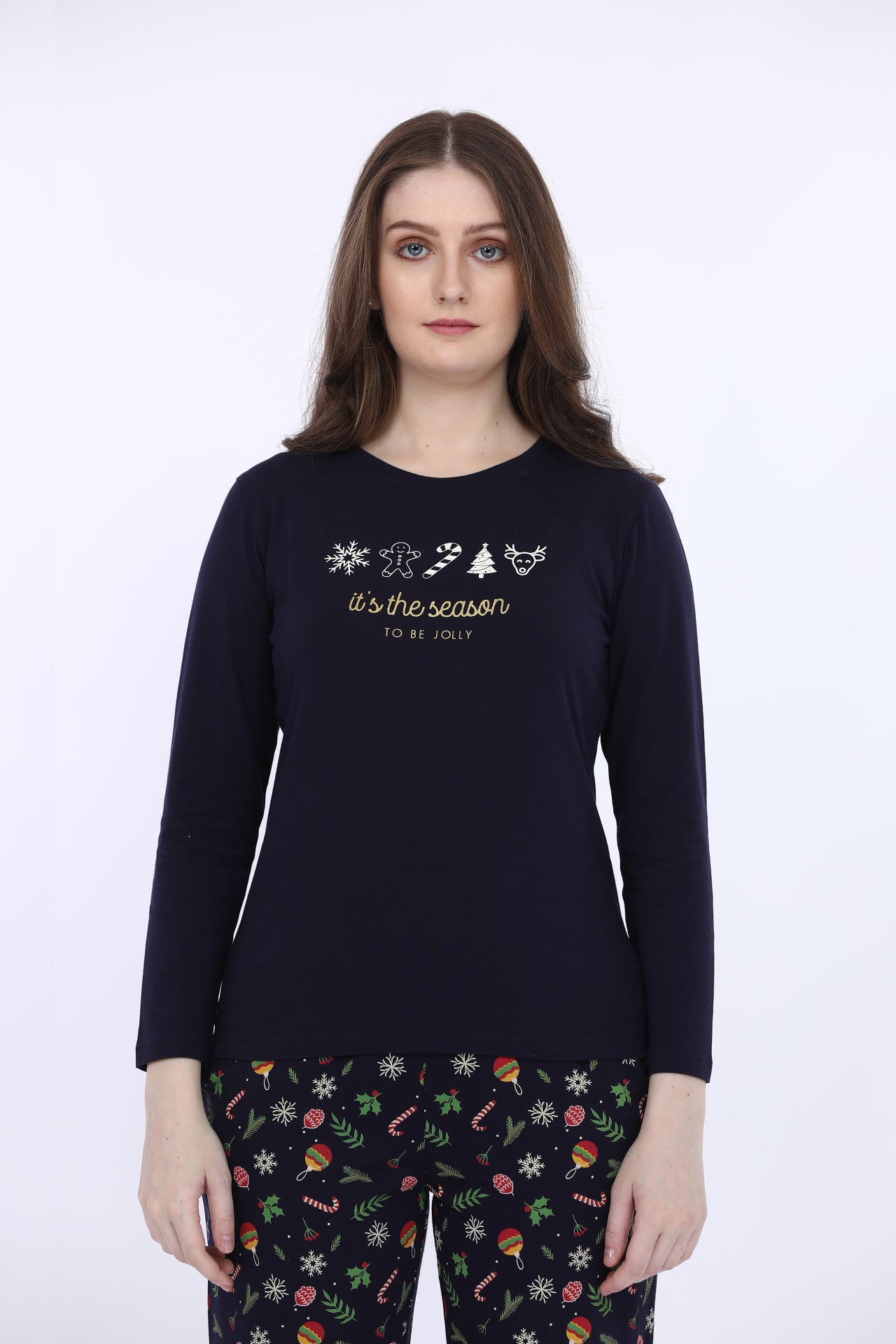 Women 100% Cotton Navy Blue Printed Full Sleeve T-Shirt With Pyjama