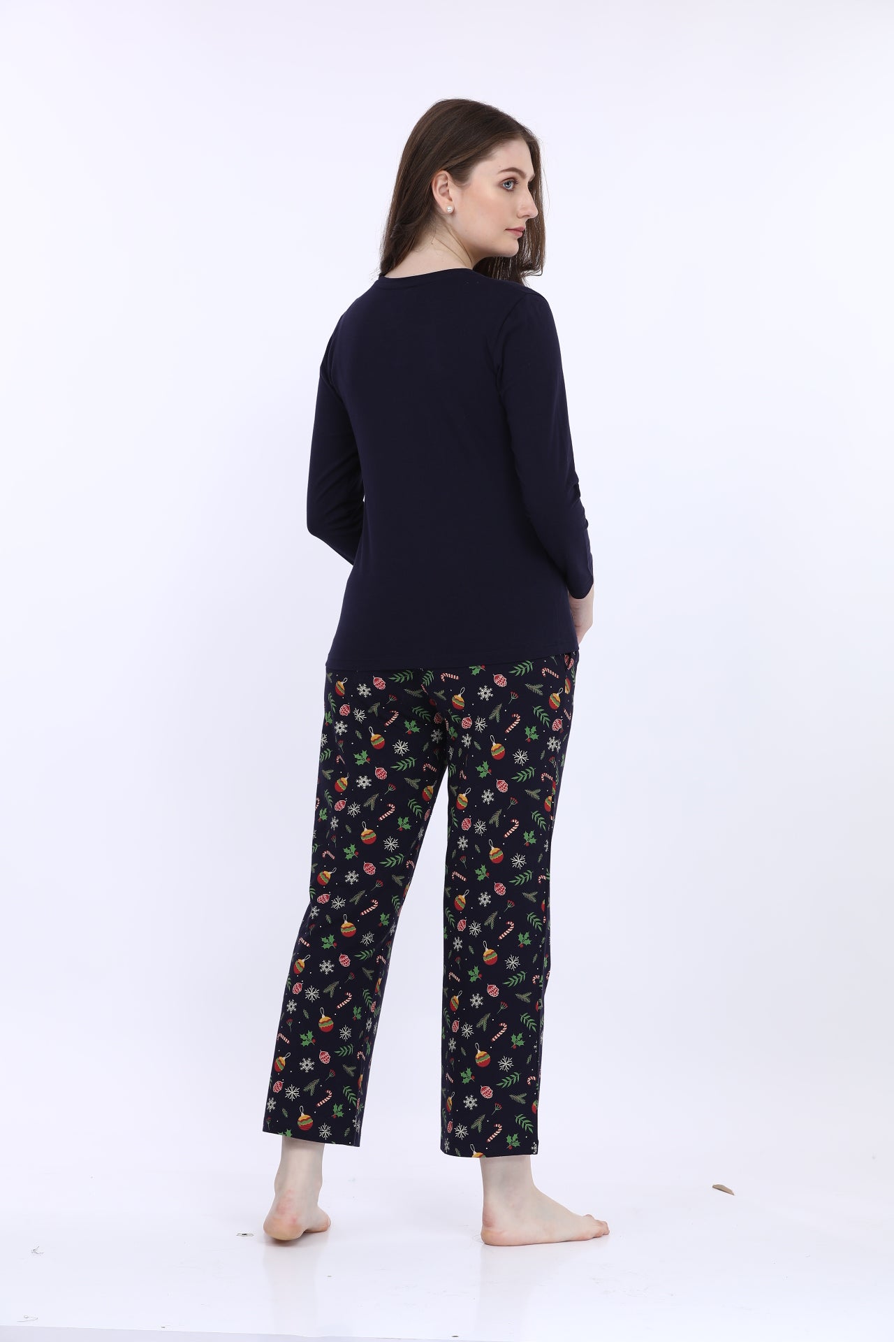 Women 100% Cotton Navy Blue Printed Full Sleeve T-Shirt With Pyjama