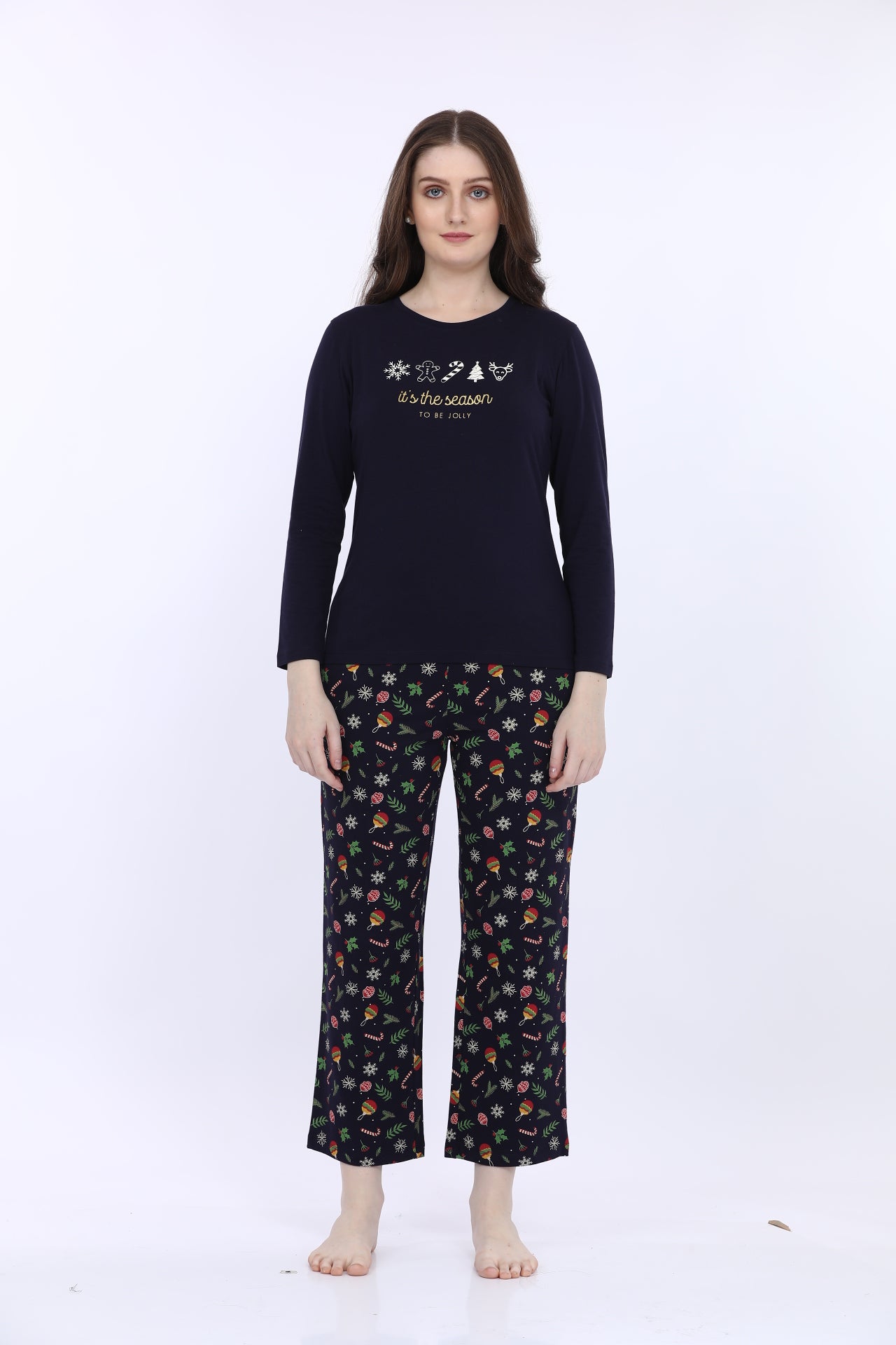 Women 100% Cotton Navy Blue Printed Full Sleeve T-Shirt With Pyjama