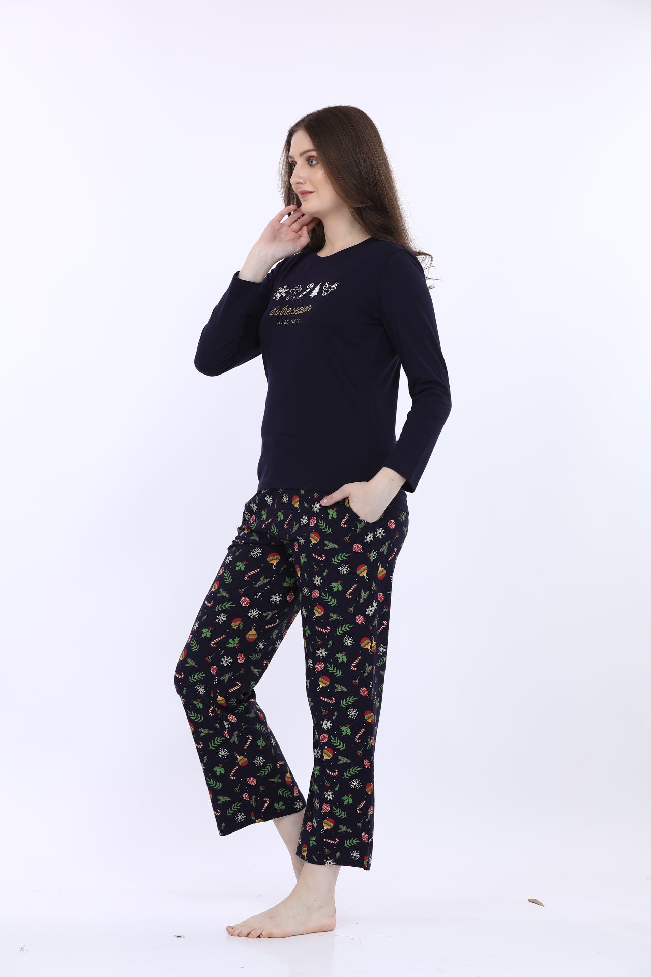 Women 100% Cotton Navy Blue Printed Full Sleeve T-Shirt With Pyjama